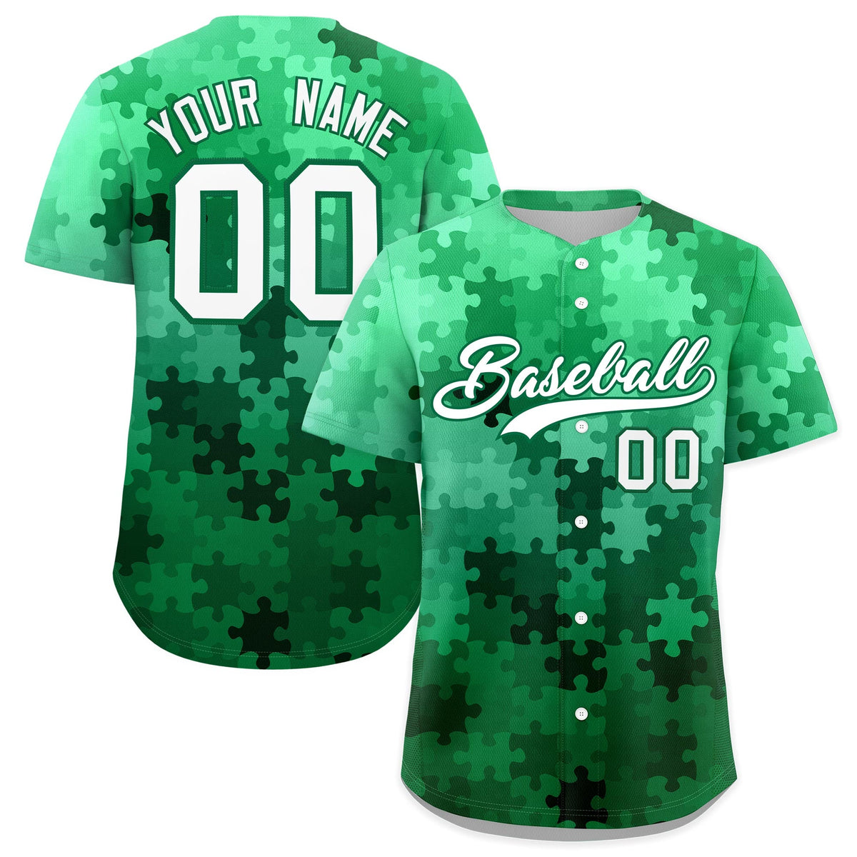 Custom White Kelly Green Puzzle Elements Baseball Jersey | Sublimation Printed &amp; Stitched,Add Name and Numbern,Perfect for Teams | KXKSHOP