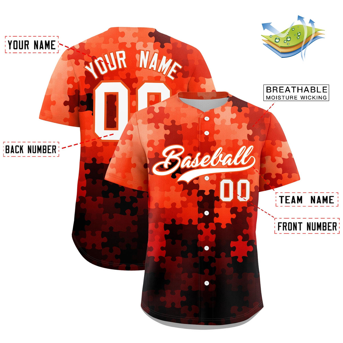 Custom White Orange Puzzle Elements Baseball Jersey | Sublimation Printed &amp; Stitched,Add Name and Numbern,Perfect for Teams | KXKSHOP