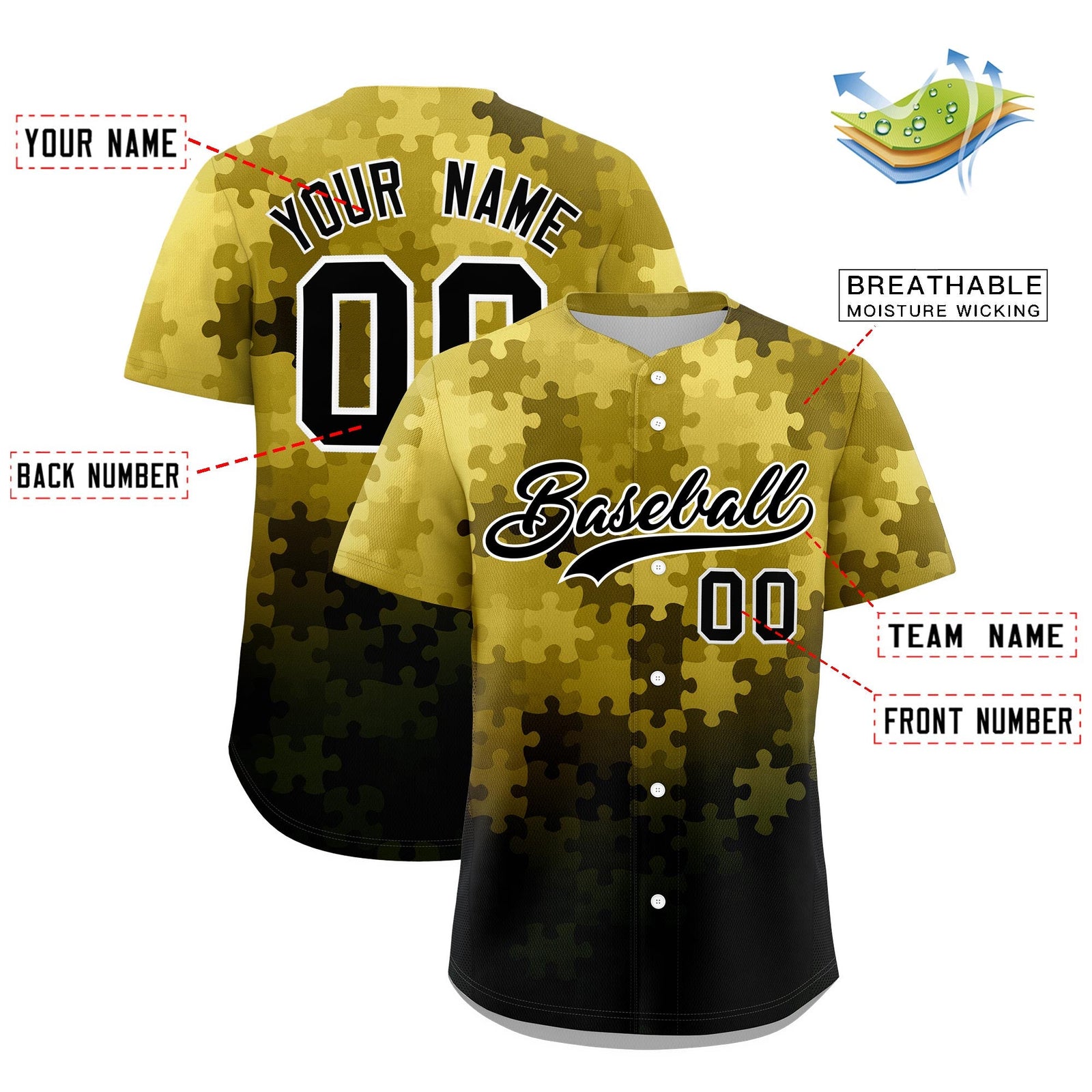 Custom Old Gold White Black Puzzle Elements Baseball Jersey | Sublimation Printed & Stitched,Add Name and Numbern,Perfect for Teams | KXKSHOP