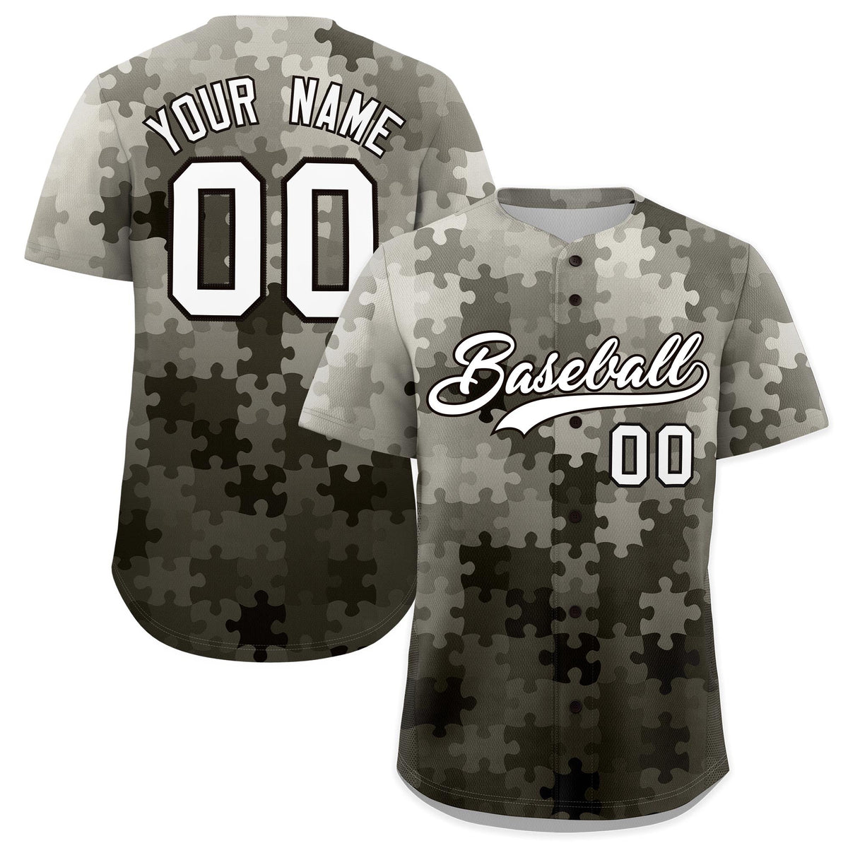 Custom Gray White Black Puzzle Elements Baseball Jersey | Sublimation Printed &amp; Stitched,Add Name and Numbern,Perfect for Teams | KXKSHOP