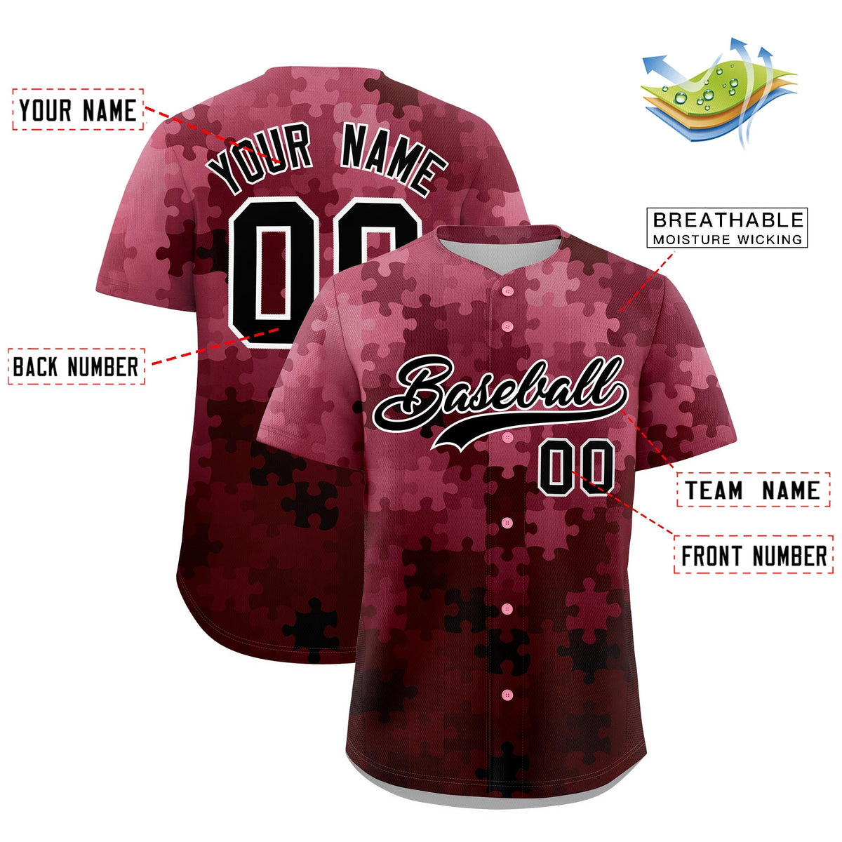 Custom White Black Puzzle Elements Baseball Jersey | Sublimation Printed &amp; Stitched,Add Name and Numbern,Perfect for Teams | KXKSHOP