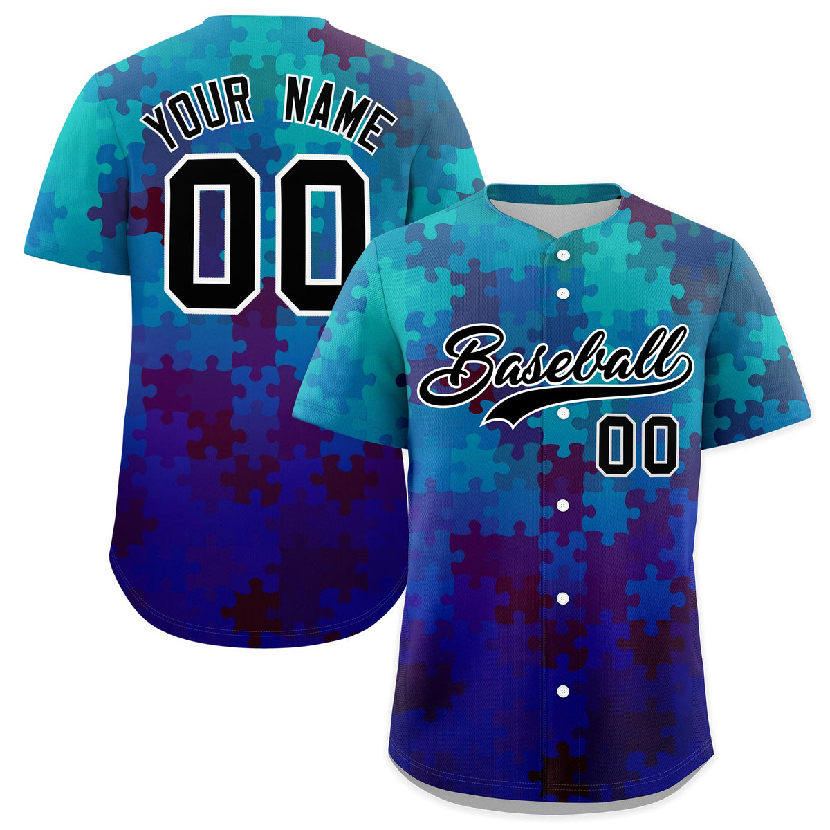 Custom Blue Black White Puzzle Elements Baseball Jersey | Sublimation Printed &amp; Stitched,Add Name and Numbern,Perfect for Teams | KXKSHOP