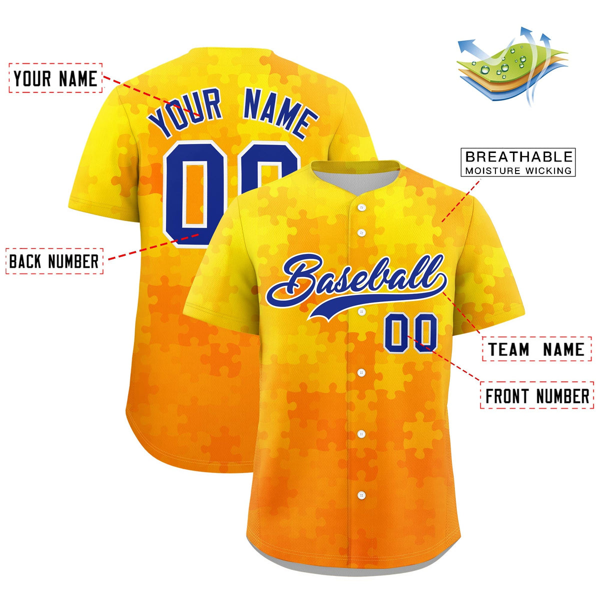 Custom Yellow Royal Blue White Puzzle Elements Baseball Jersey | Sublimation Printed & Stitched,Add Name and Numbern,Perfect for Teams | KXKSHOP