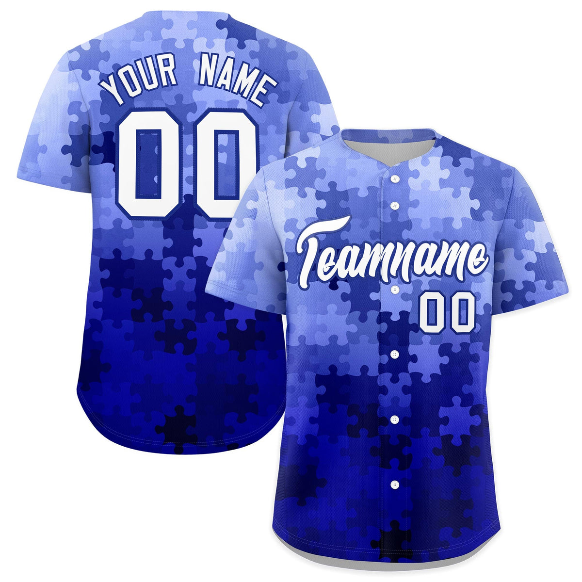 Custom White Royal Blue Puzzle Elements Baseball Jersey | Sublimation Printed &amp; Stitched,Add Name and Numbern,Perfect for Teams | KXKSHOP