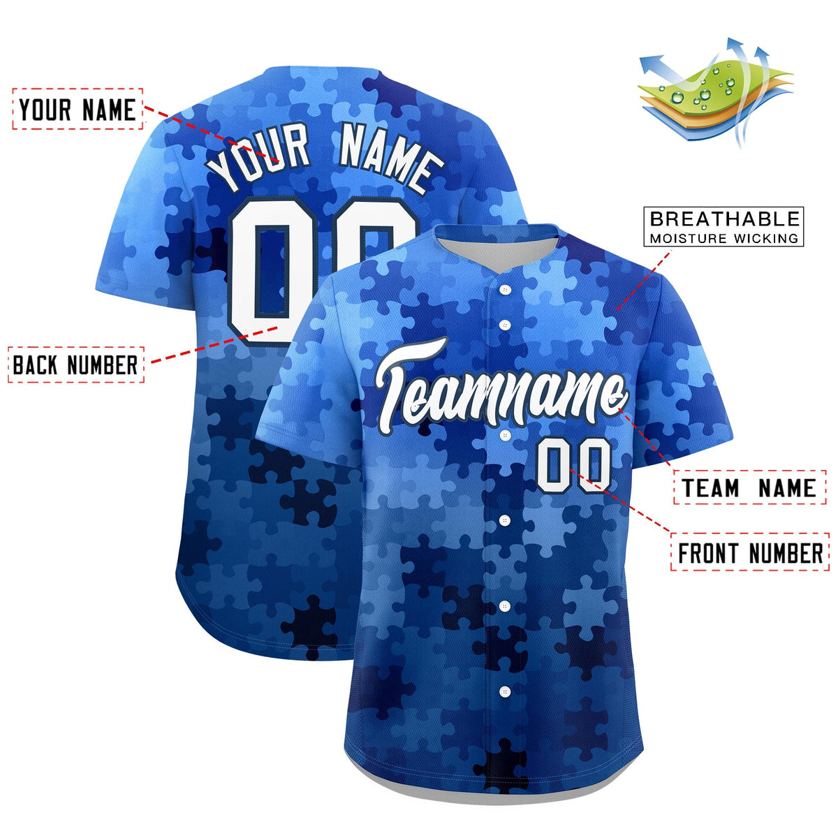 Custom White Midnight Blue Puzzle Elements Baseball Jersey | Sublimation Printed &amp; Stitched,Add Name and Numbern,Perfect for Teams | KXKSHOP