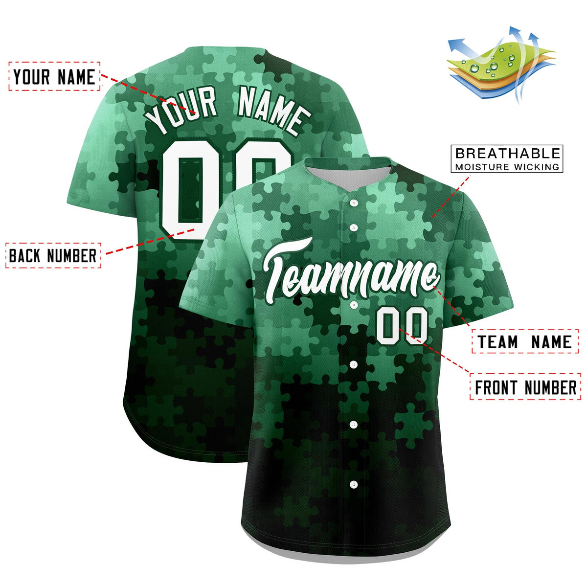 Custom White Green Puzzle Elements Baseball Jersey | Sublimation Printed &amp; Stitched,Add Name and Numbern,Perfect for Teams | KXKSHOP