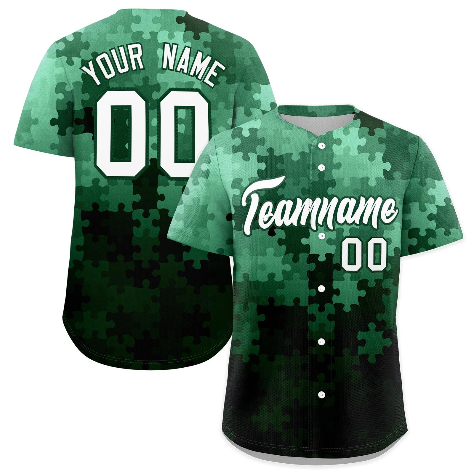 Custom White Green Puzzle Elements Baseball Jersey | Sublimation Printed & Stitched,Add Name and Numbern,Perfect for Teams | KXKSHOP