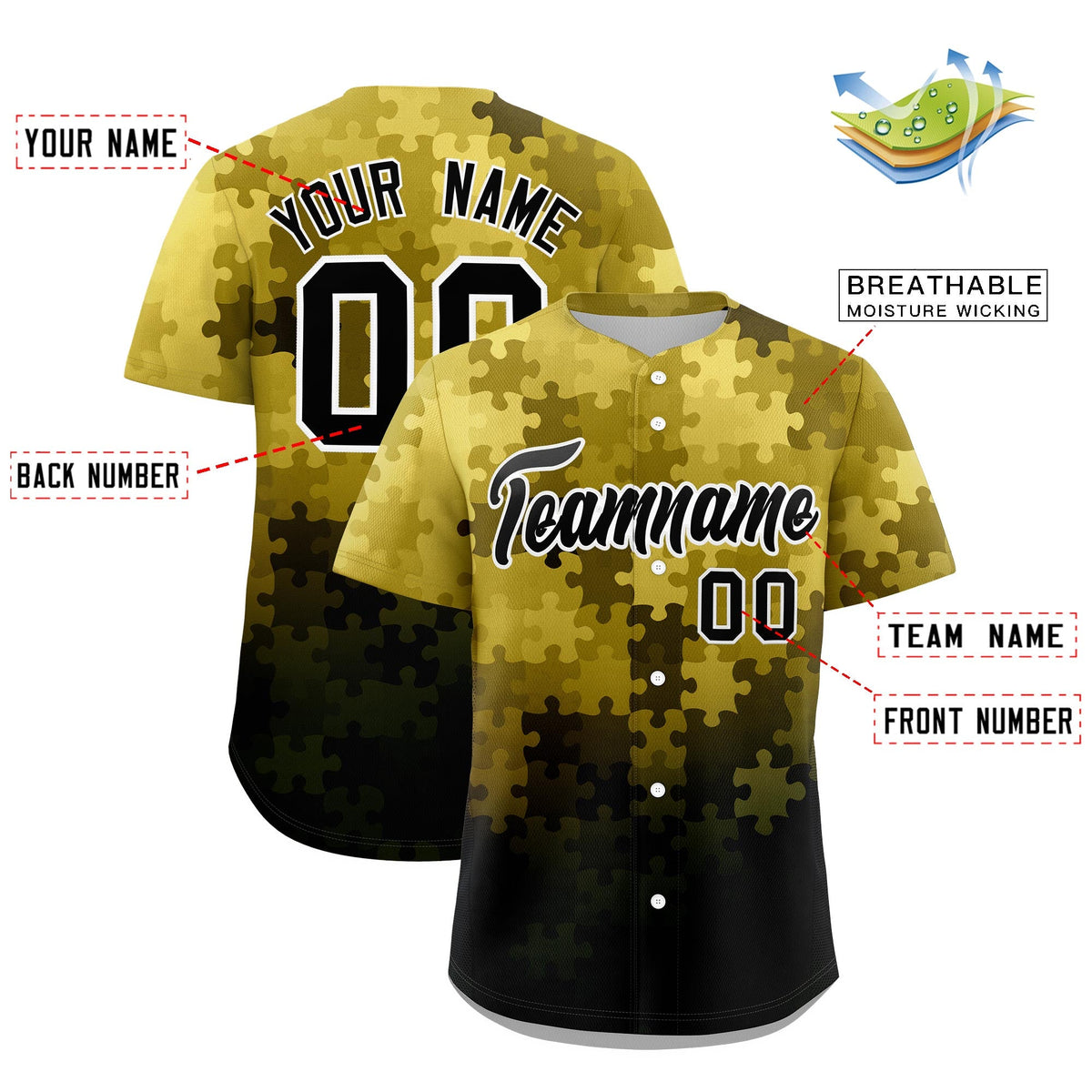 Custom Old Gold White Black Puzzle Elements Baseball Jersey | Sublimation Printed &amp; Stitched,Add Name and Numbern,Perfect for Teams | KXKSHOP
