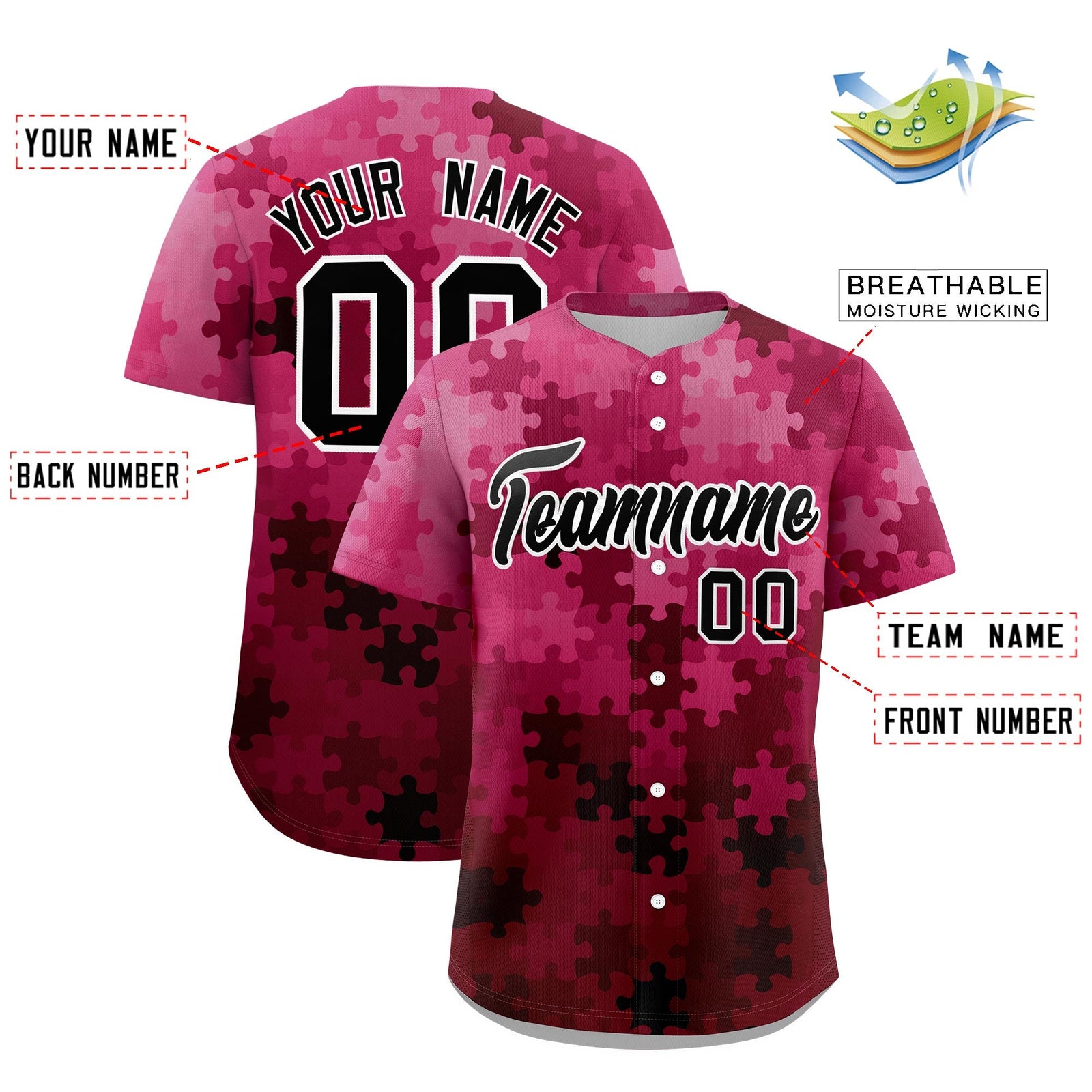 Custom Rose Red Black White Puzzle Elements Baseball Jersey | Sublimation Printed & Stitched,Add Name and Numbern,Perfect for Teams | KXKSHOP