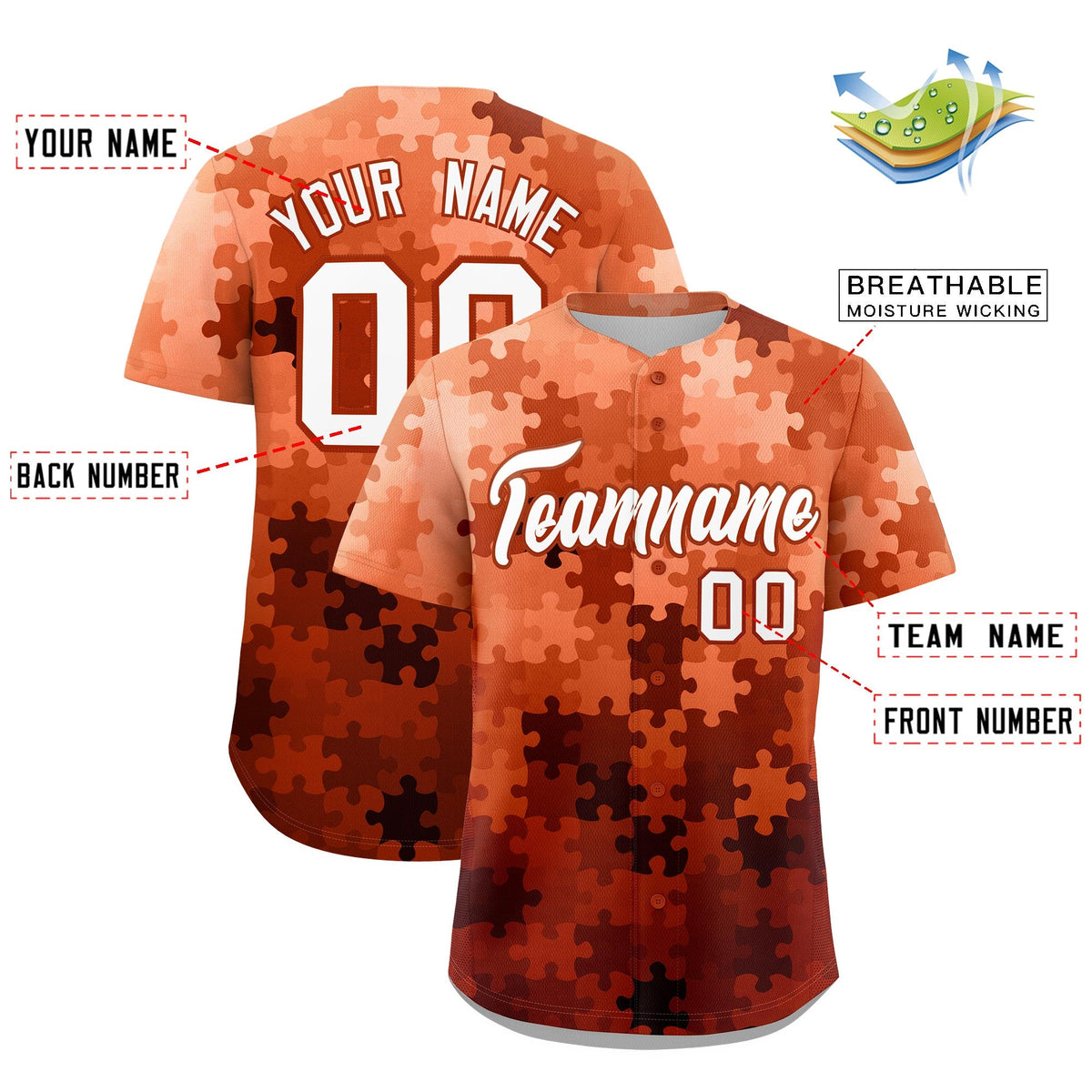 Custom White Dark Orange Puzzle Elements Baseball Jersey | Sublimation Printed & Stitched,Add Name and Numbern,Perfect for Teams | KXKSHOP