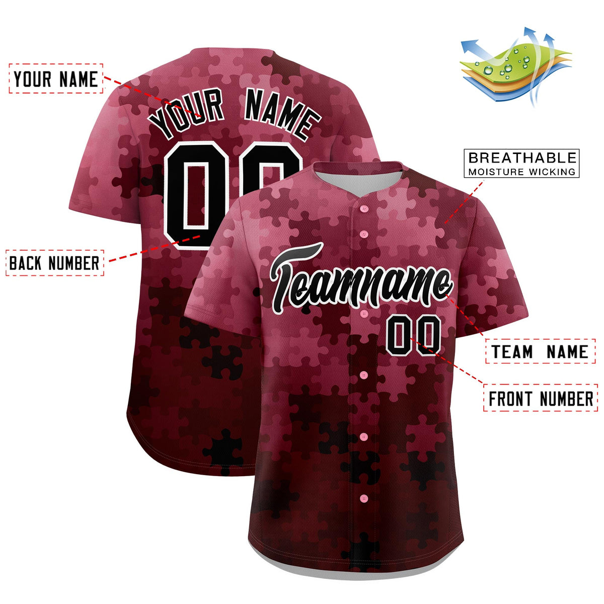 Custom White Black Puzzle Elements Baseball Jersey | Sublimation Printed &amp; Stitched,Add Name and Numbern,Perfect for Teams | KXKSHOP