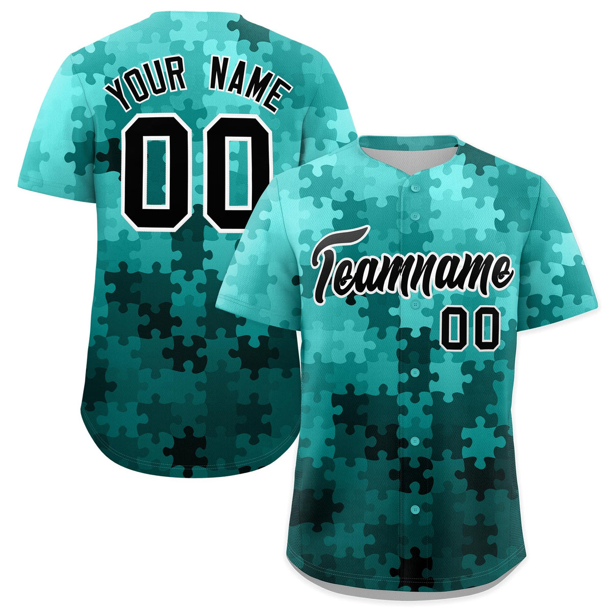 Custom Teal Black White Puzzle Elements Baseball Jersey | Sublimation Printed &amp; Stitched,Add Name and Numbern,Perfect for Teams | KXKSHOP