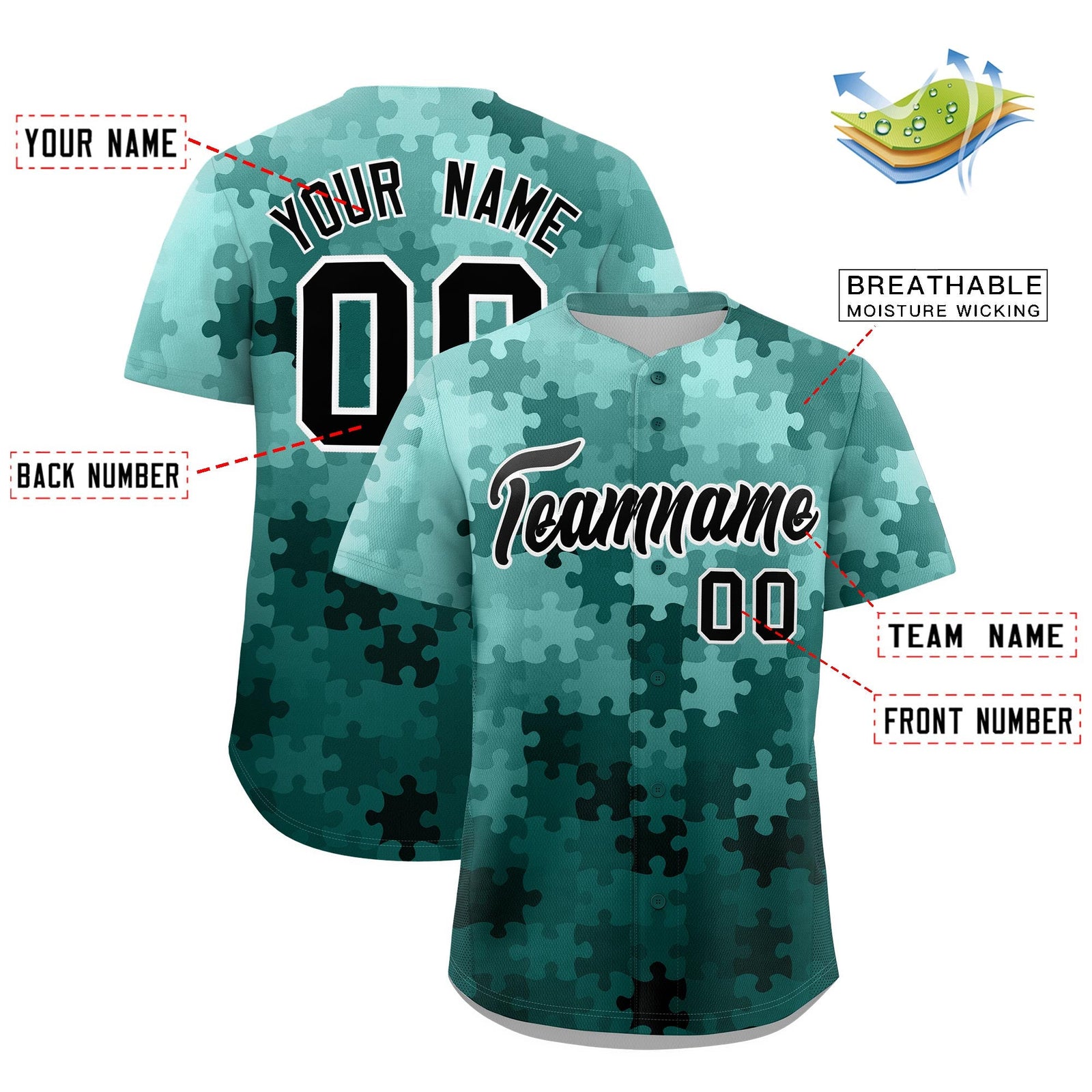 Custom Aqua Black White Puzzle Elements Baseball Jersey | Sublimation Printed & Stitched,Add Name and Numbern,Perfect for Teams | KXKSHOP