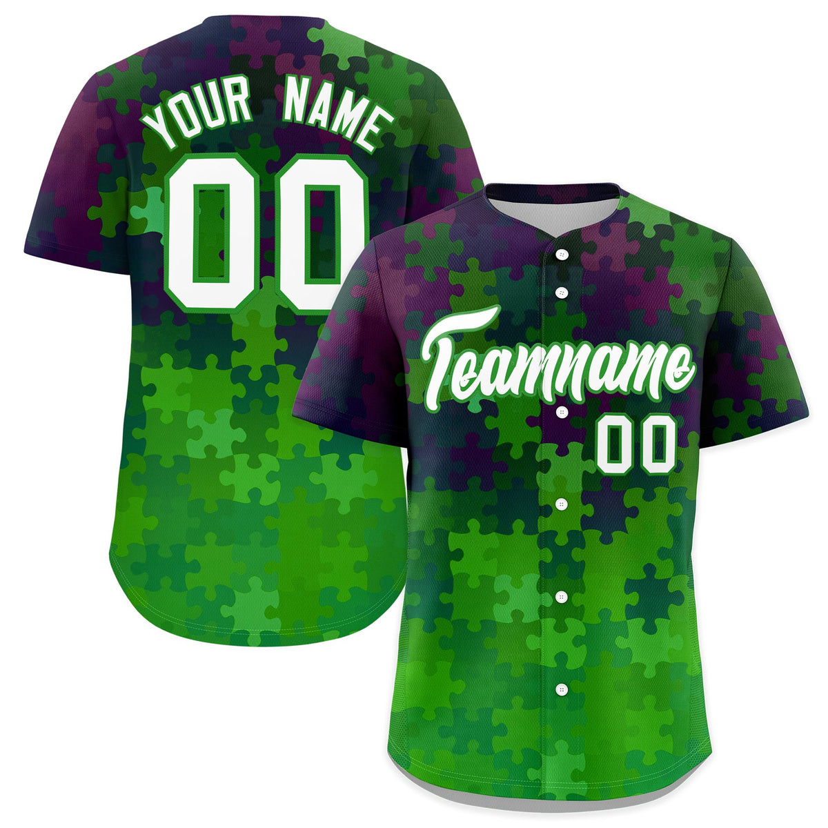 Custom White Light Green Puzzle Elements Baseball Jersey | Sublimation Printed & Stitched,Add Name and Numbern,Perfect for Teams | KXKSHOP