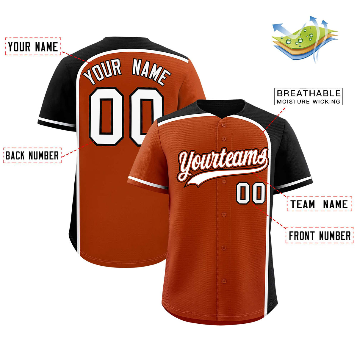 Custom Texas Orange Black Personalized Color Block Authentic Baseball jersey