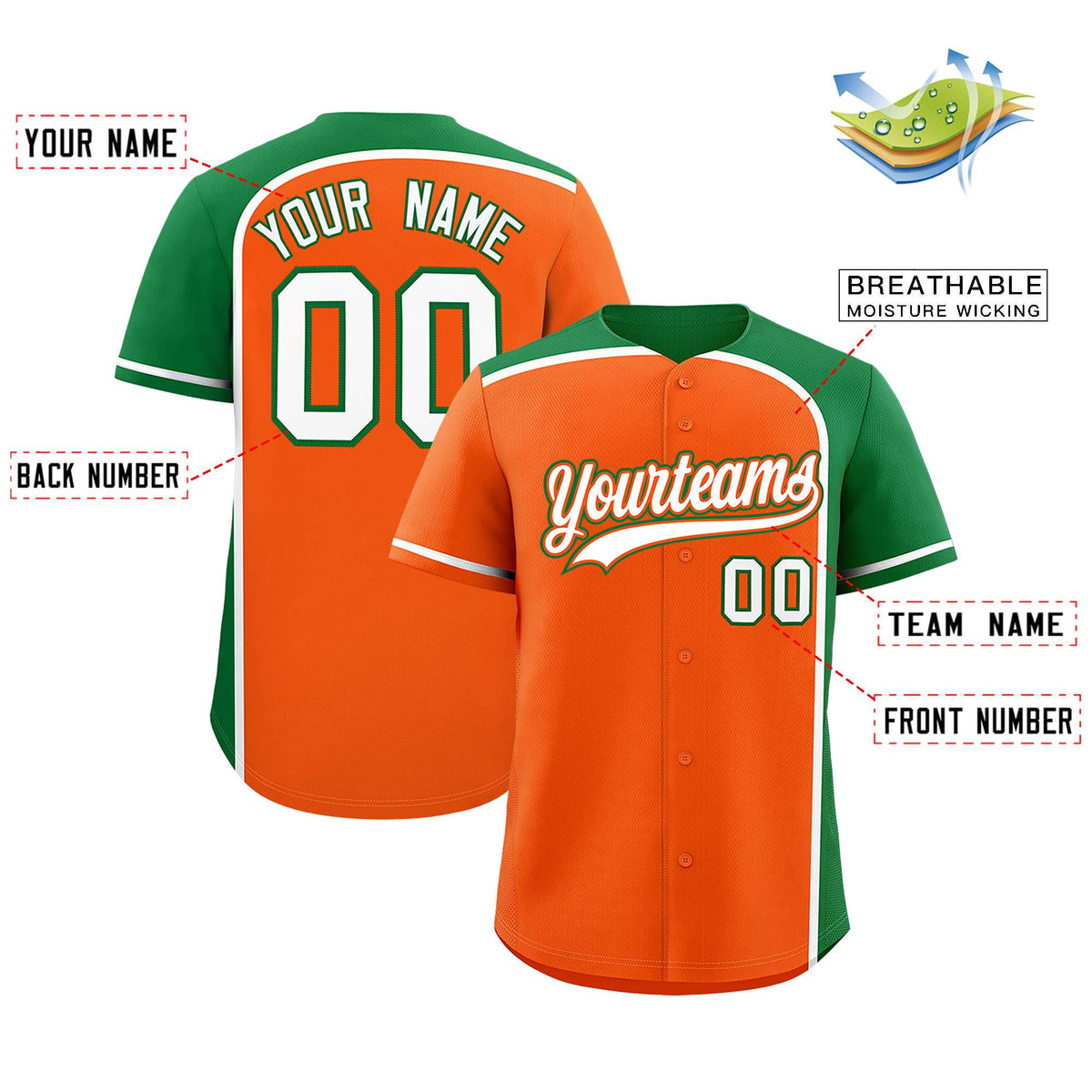 Custom Orange Kelly Green Personalized Color Block Authentic Baseball jersey