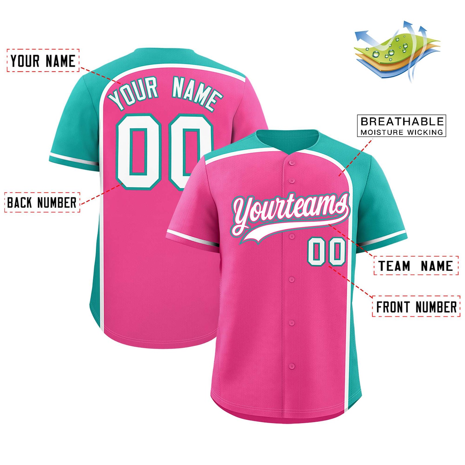 Custom Pink Aqua Personalized Color Block Authentic Baseball jersey