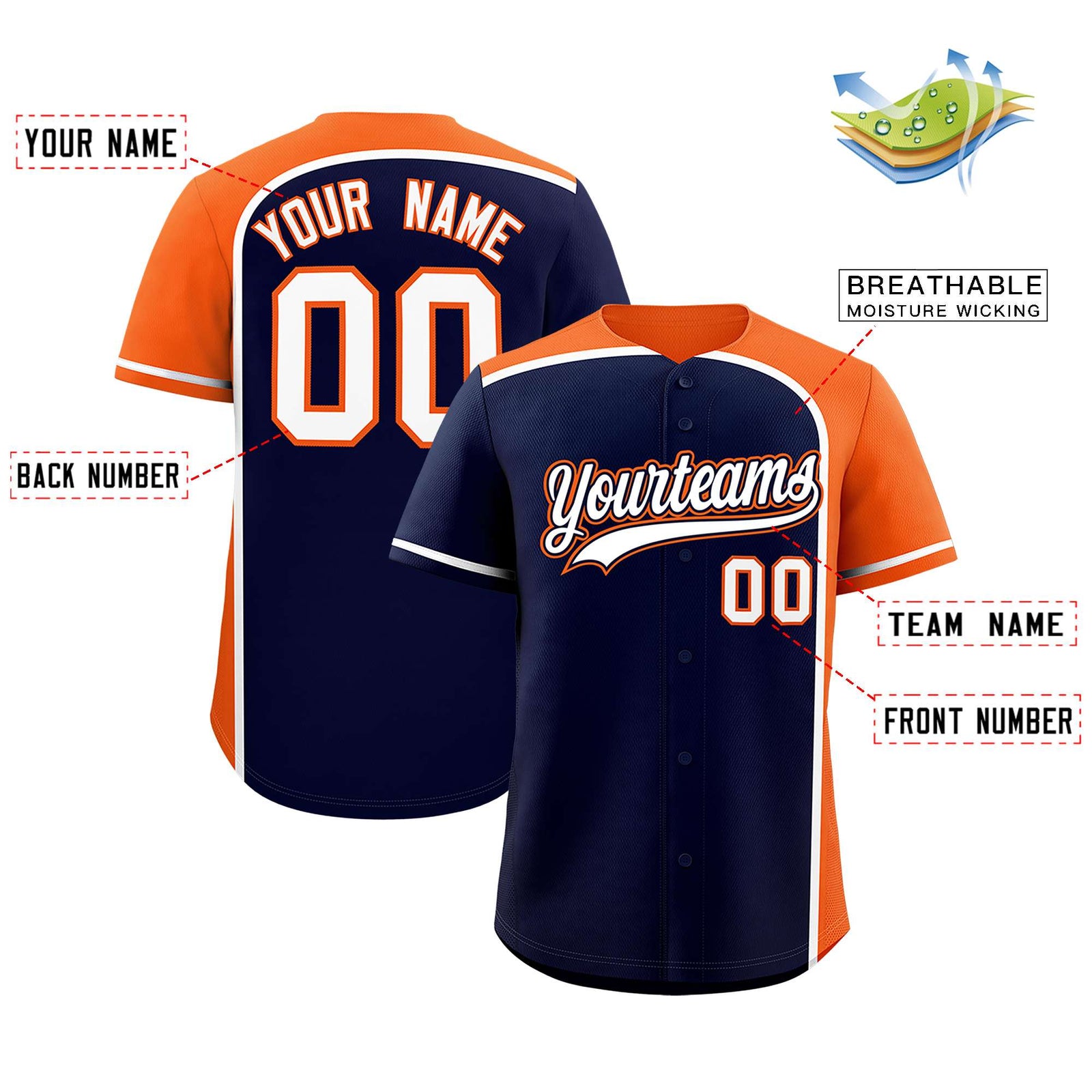 Custom Navy Orange Personalized Color Block Authentic Baseball jersey
