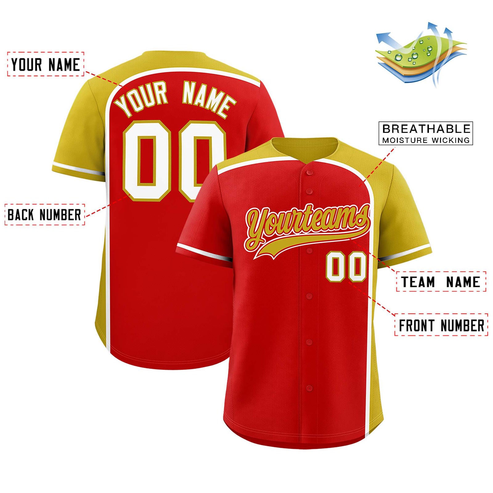 Custom Red Old Gold Personalized Color Block Authentic Baseball jersey