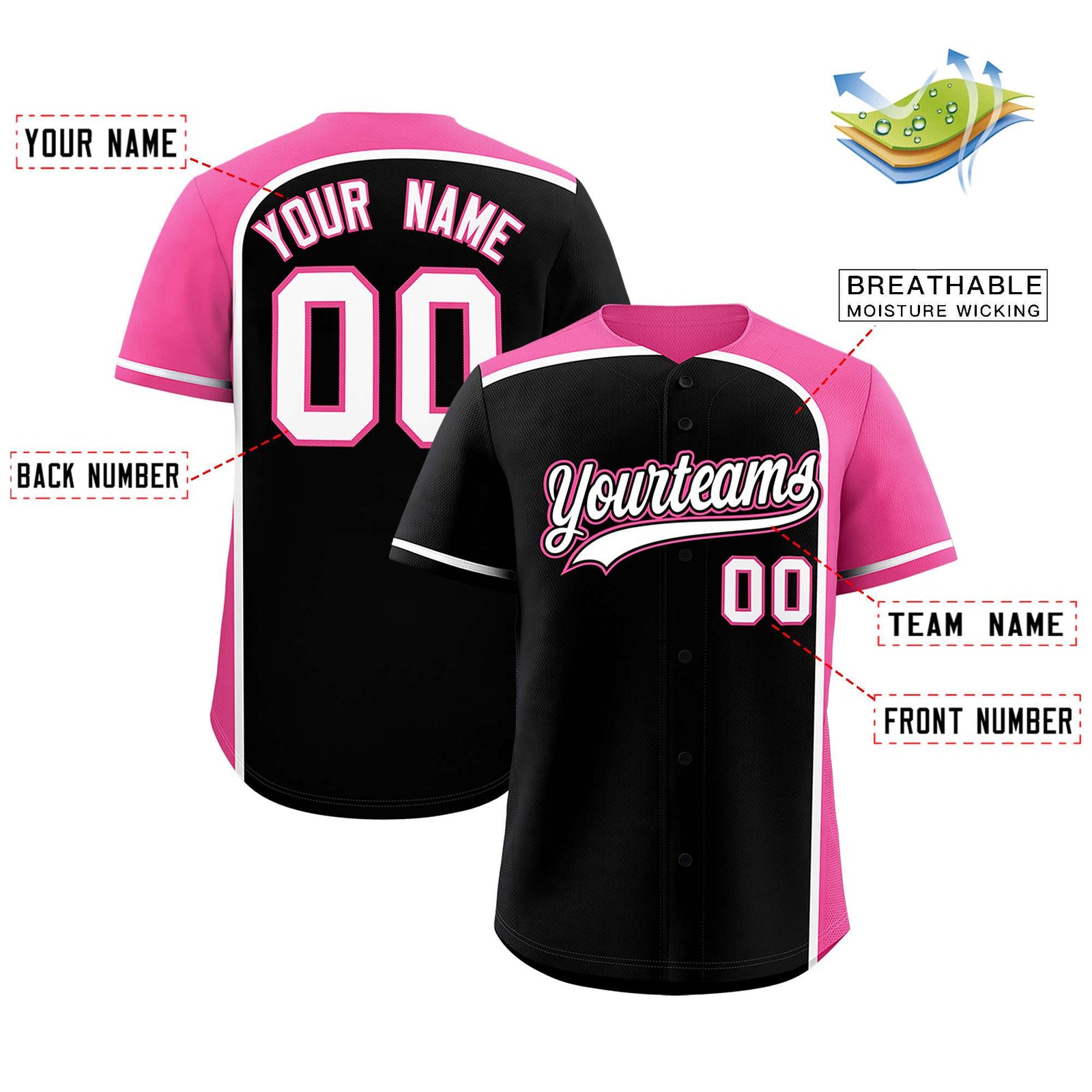 Custom Black Pink Personalized Color Block Authentic Baseball jersey