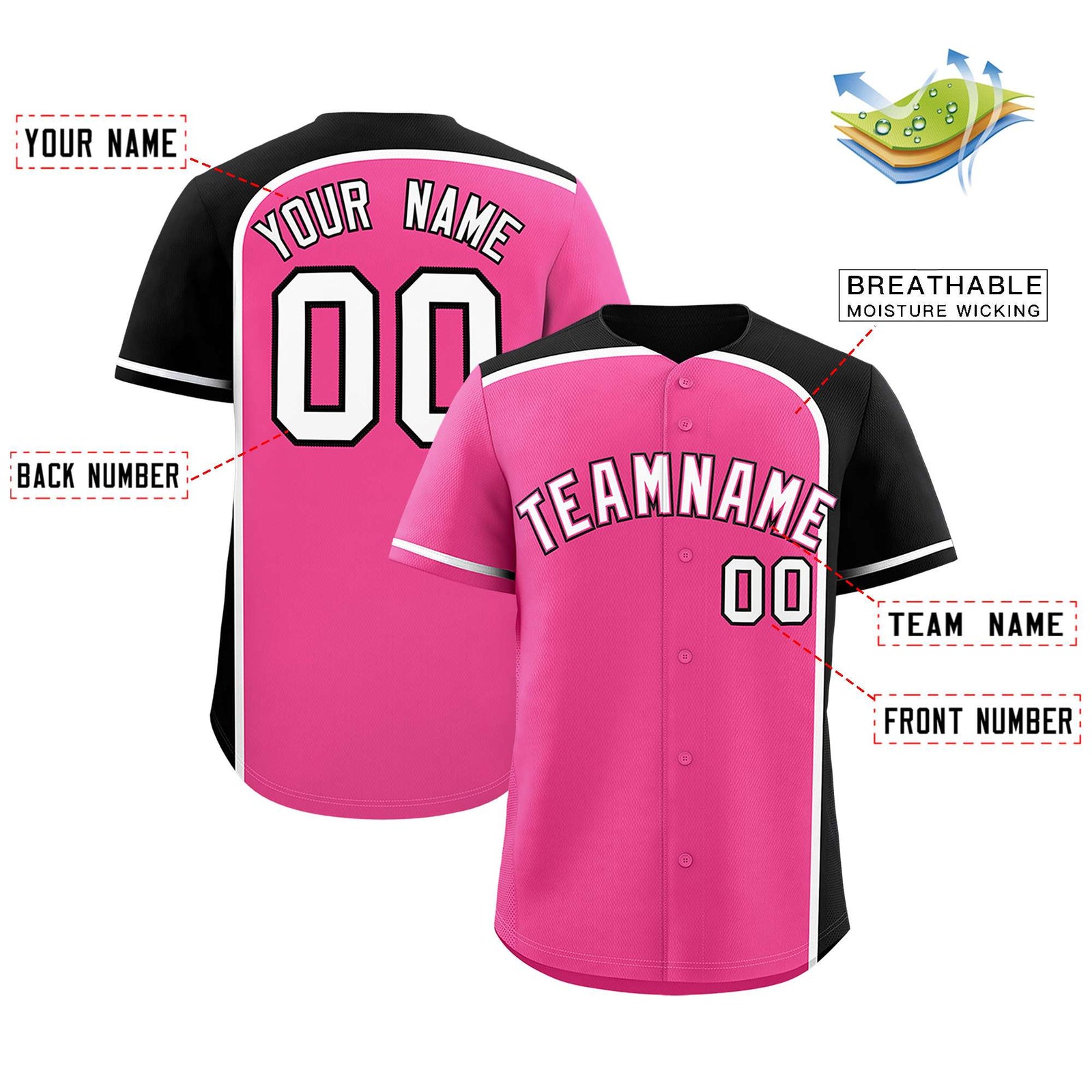 Custom Pink Black Personalized Color Block Authentic Baseball jersey