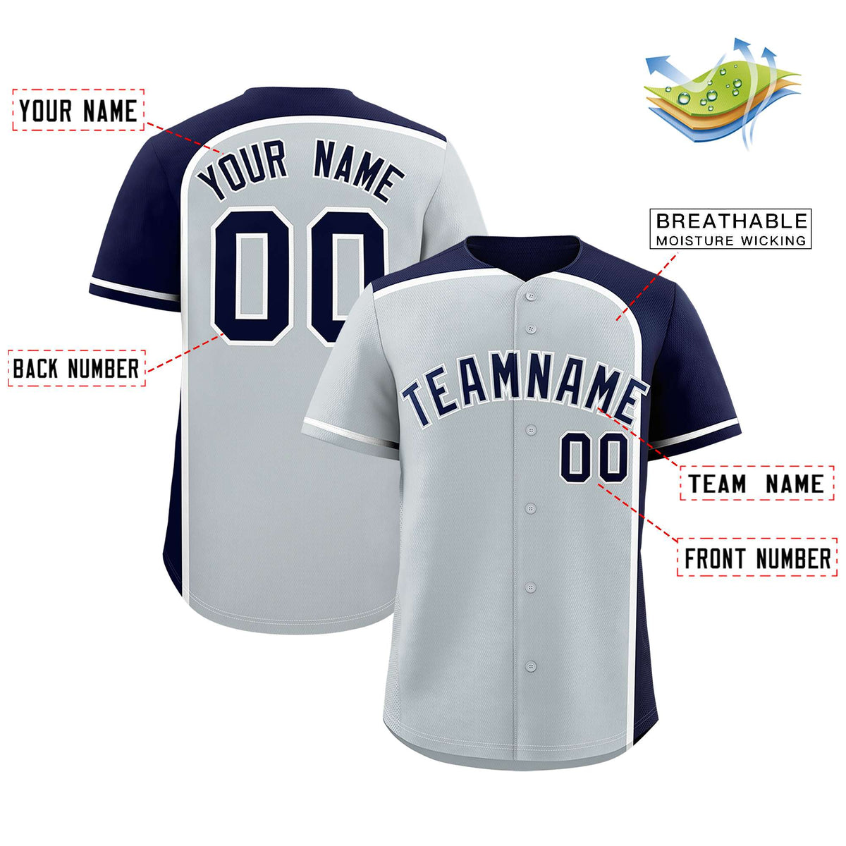 Custom Silver Navy Personalized Color Block Authentic Baseball jersey