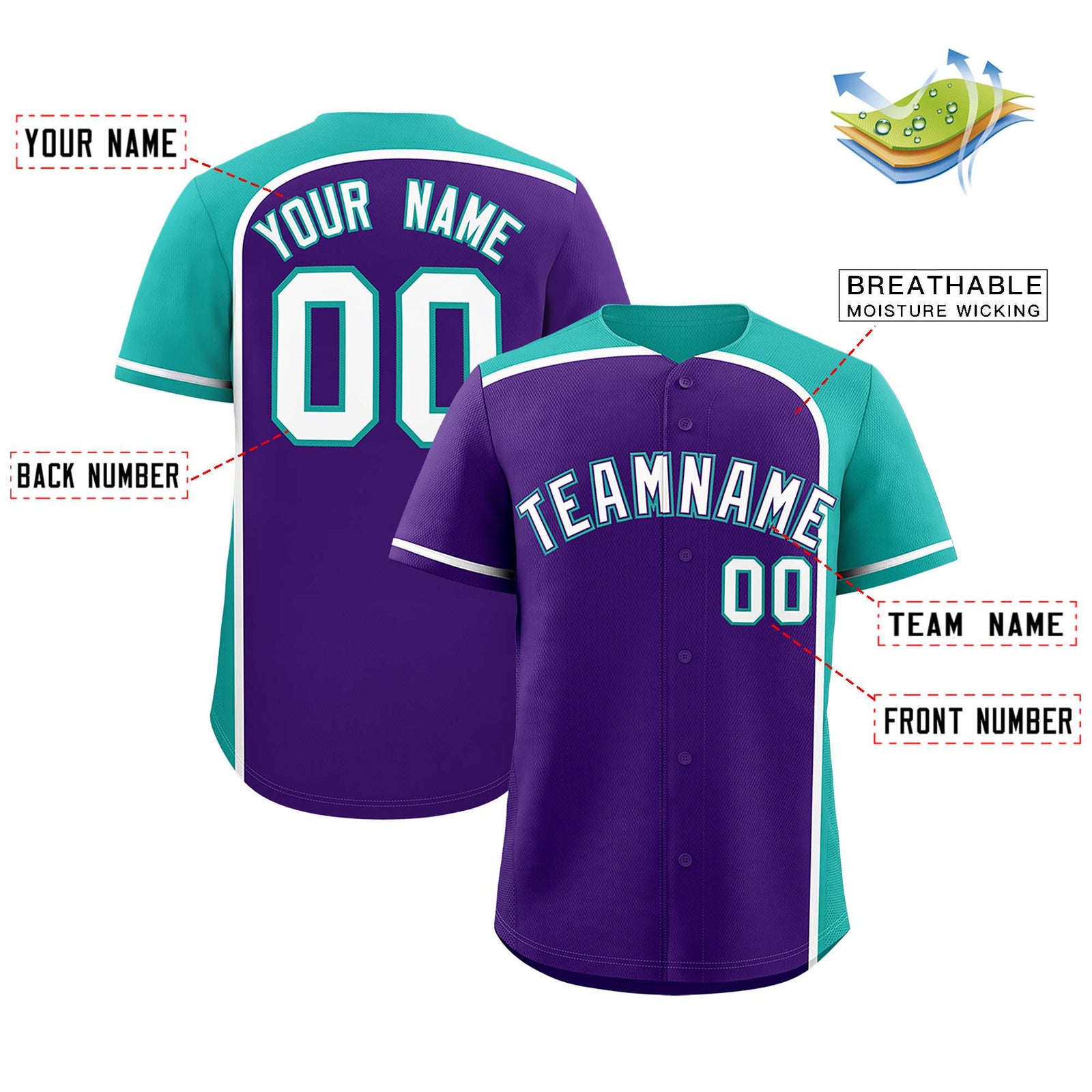 Custom Purple Aqua Personalized Color Block Authentic Baseball jersey
