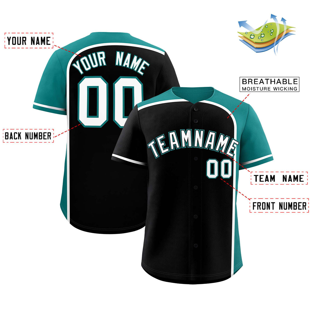 Custom Black Aqua Personalized Color Block Authentic Baseball jersey