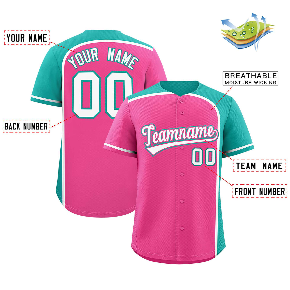 Custom Pink Aqua Personalized Color Block Authentic Baseball jersey