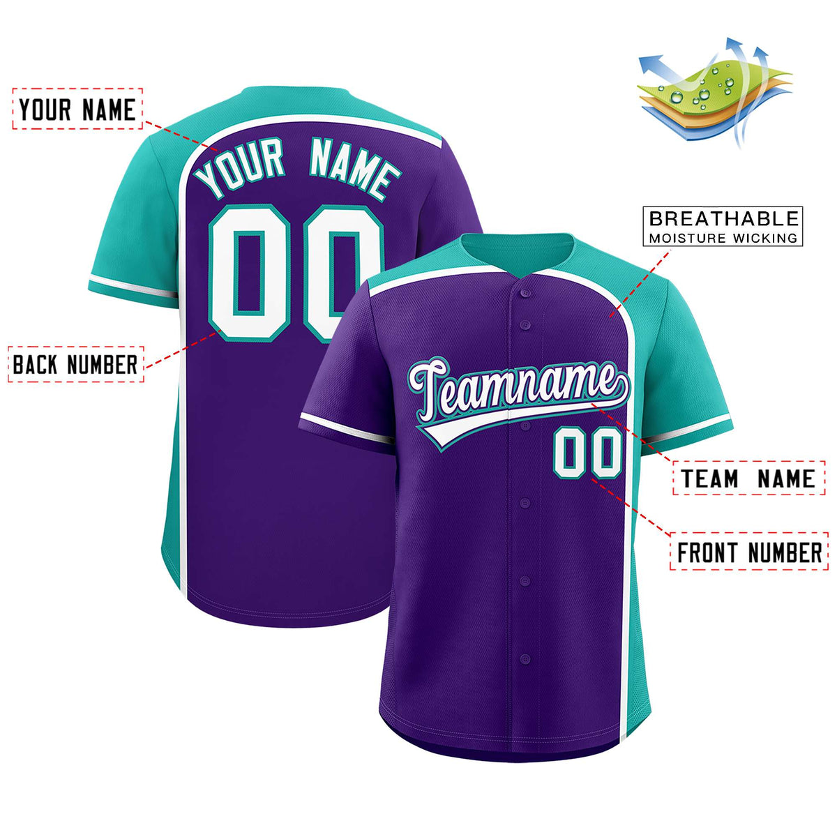 Custom Purple Aqua Personalized Color Block Authentic Baseball jersey
