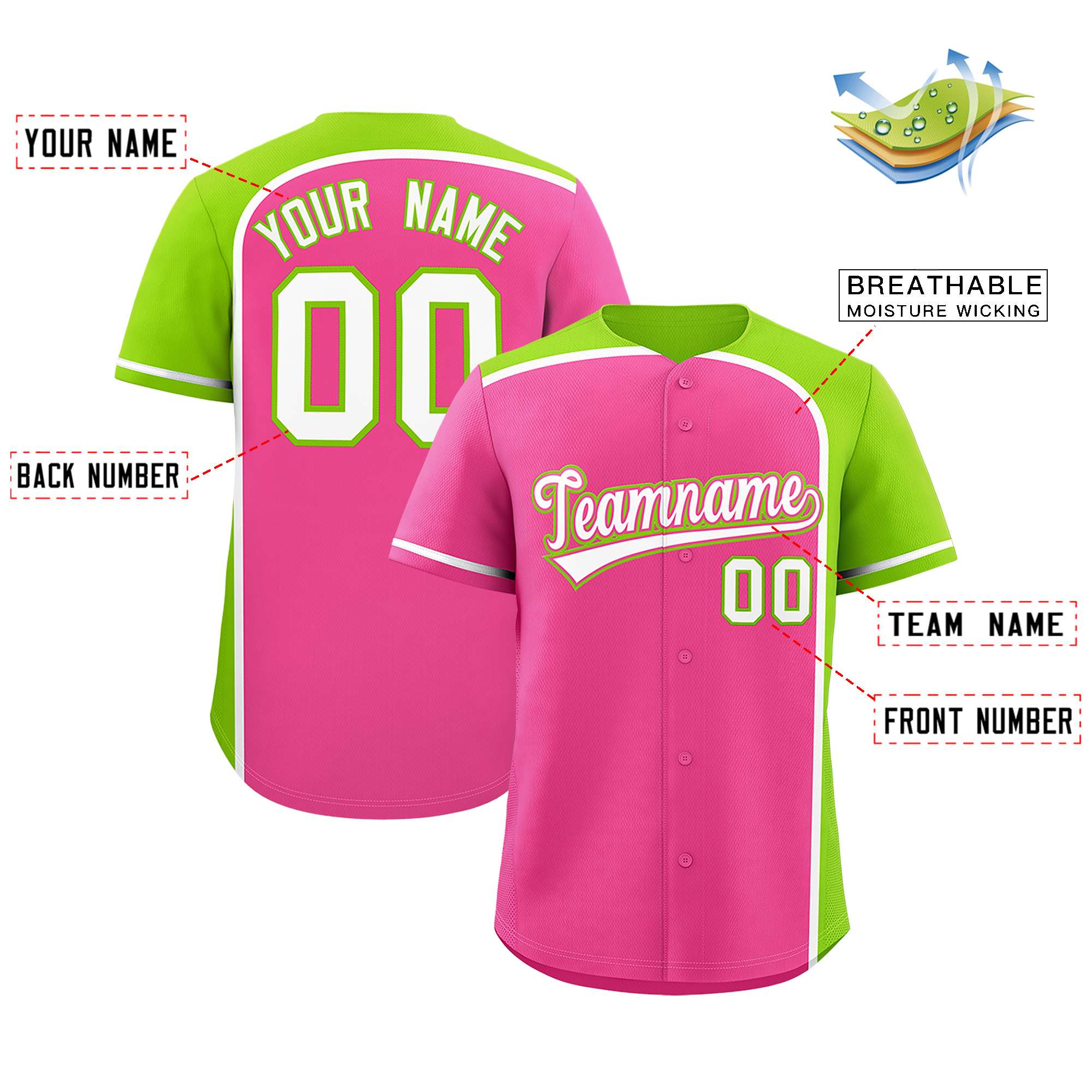 Custom Pink Neon Green Personalized Color Block Authentic Baseball jersey