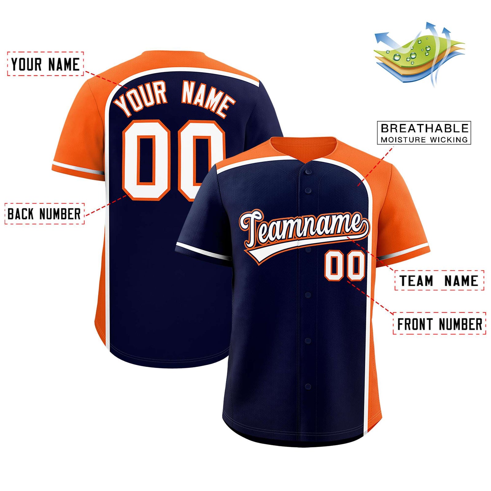 Custom Navy Orange Personalized Color Block Authentic Baseball jersey
