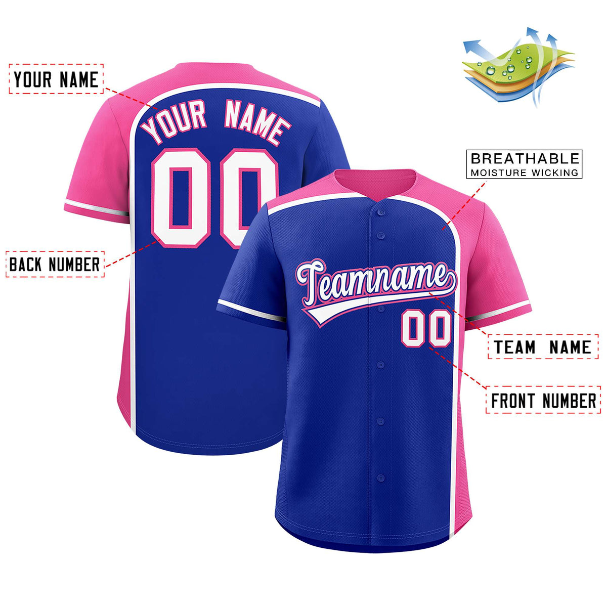Custom Royal Pink Personalized Color Block Authentic Baseball jersey