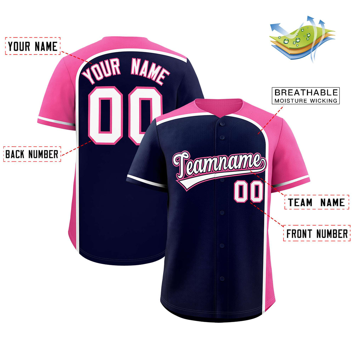 Custom Navy Pink Personalized Color Block Authentic Baseball jersey
