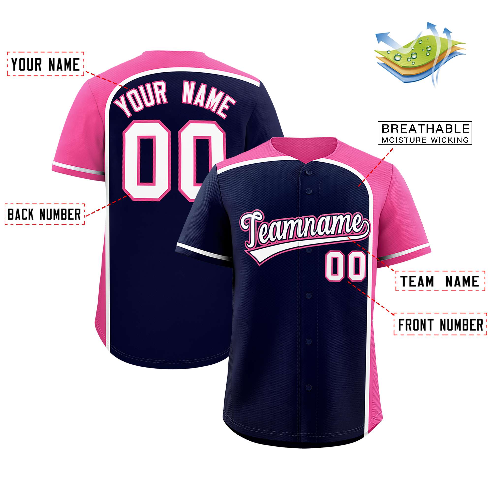 Custom Navy Pink Personalized Color Block Authentic Baseball jersey