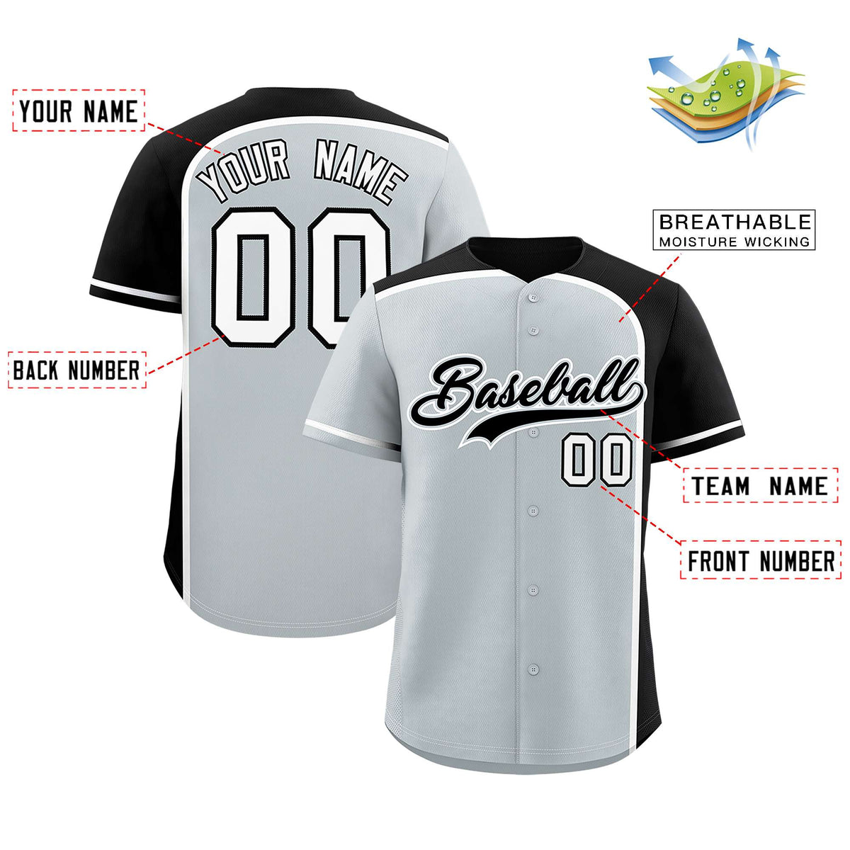 Custom Silver Black Personalized Color Block Authentic Baseball jersey