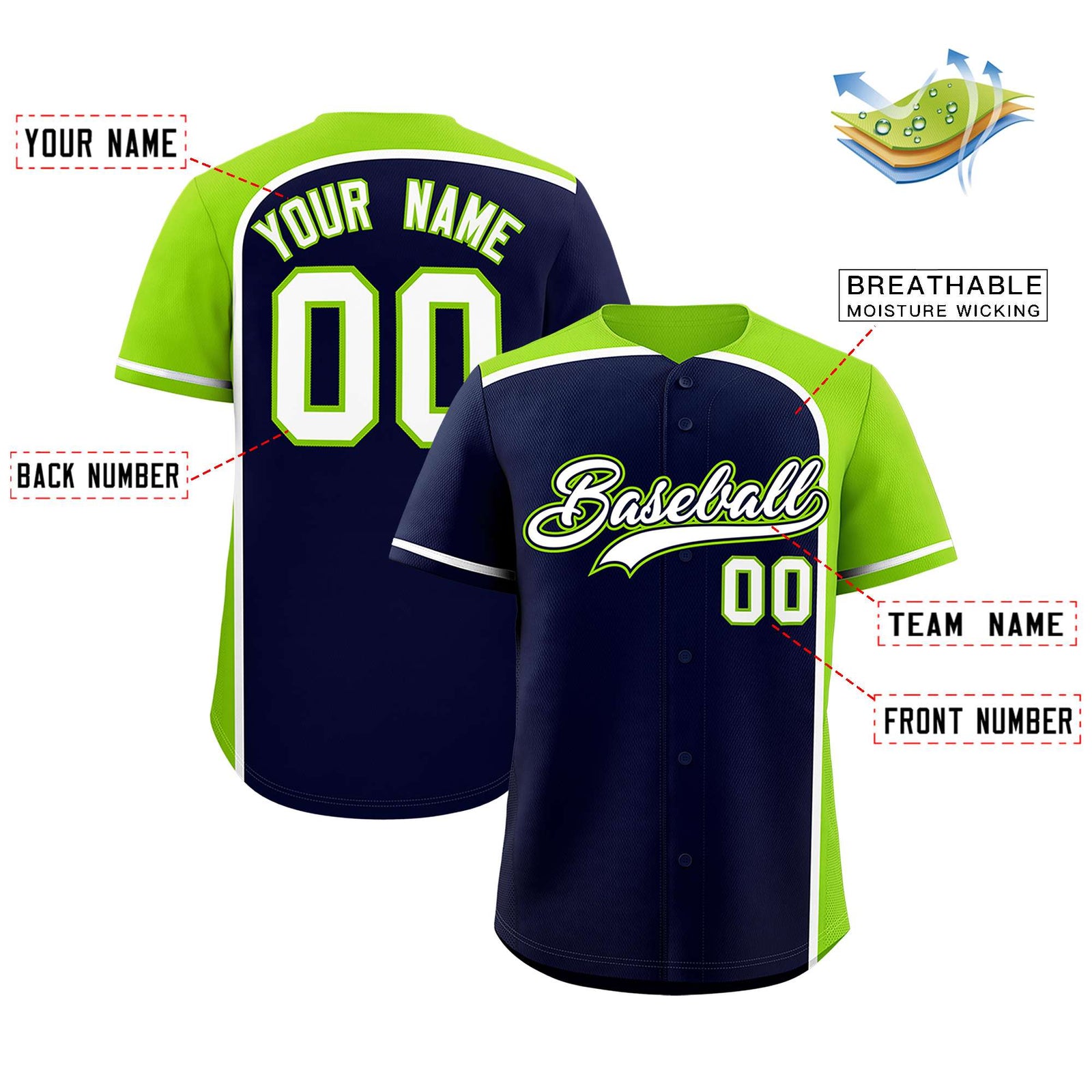 Custom Navy Neon Green Personalized Color Block Authentic Baseball jersey