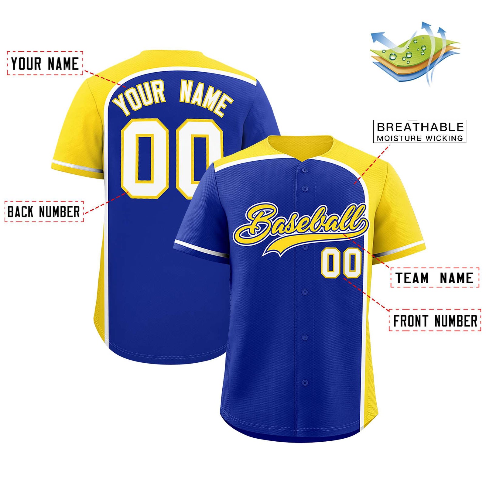 Custom Royal Gold Personalized Color Block Authentic Baseball jersey