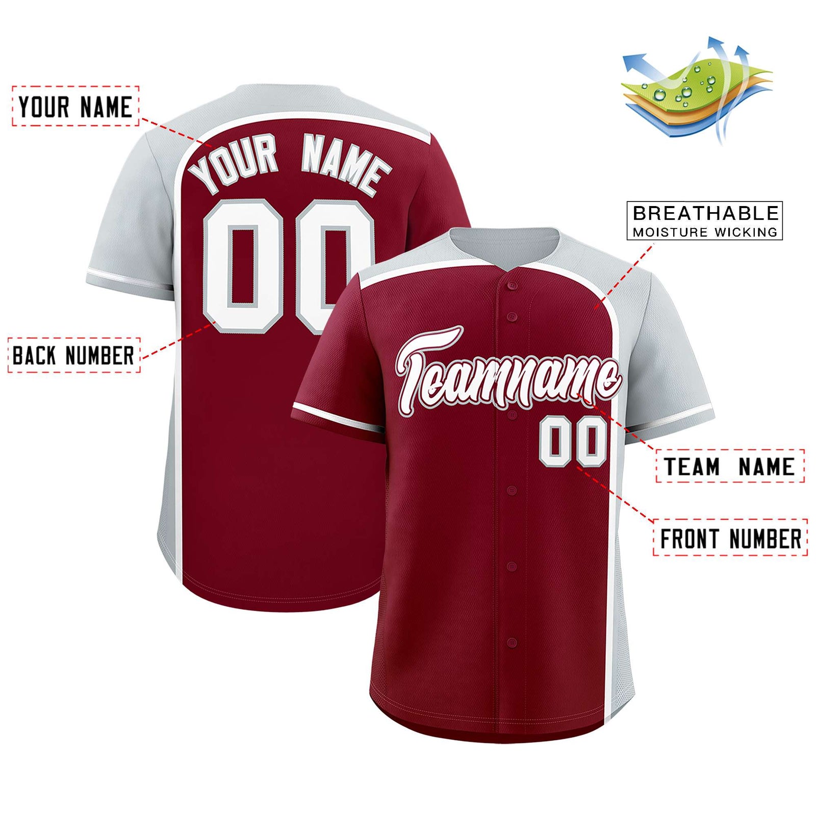 Custom Crimson Silver Personalized Color Block Authentic Baseball jersey