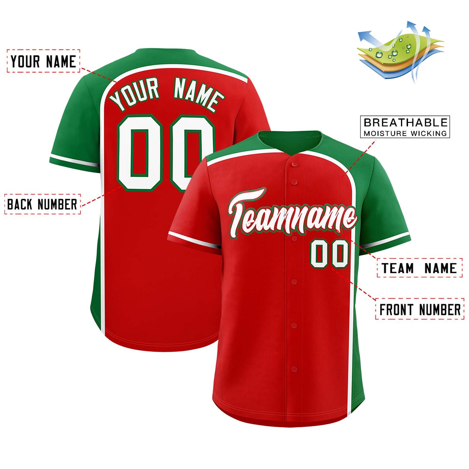 Custom Red Kelly Green Personalized Color Block Authentic Baseball jersey