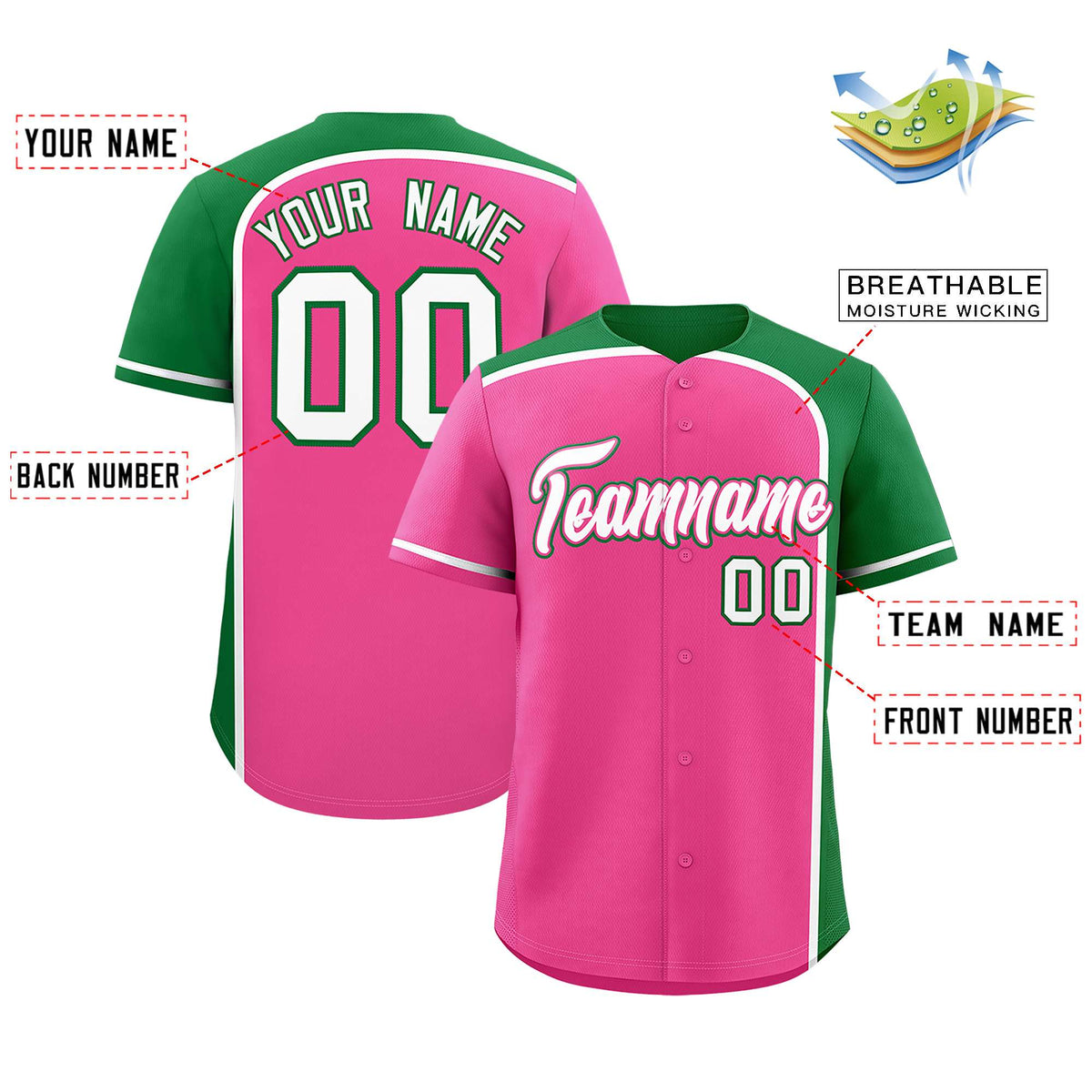 Custom Pink Kelly Green Personalized Color Block Authentic Baseball jersey