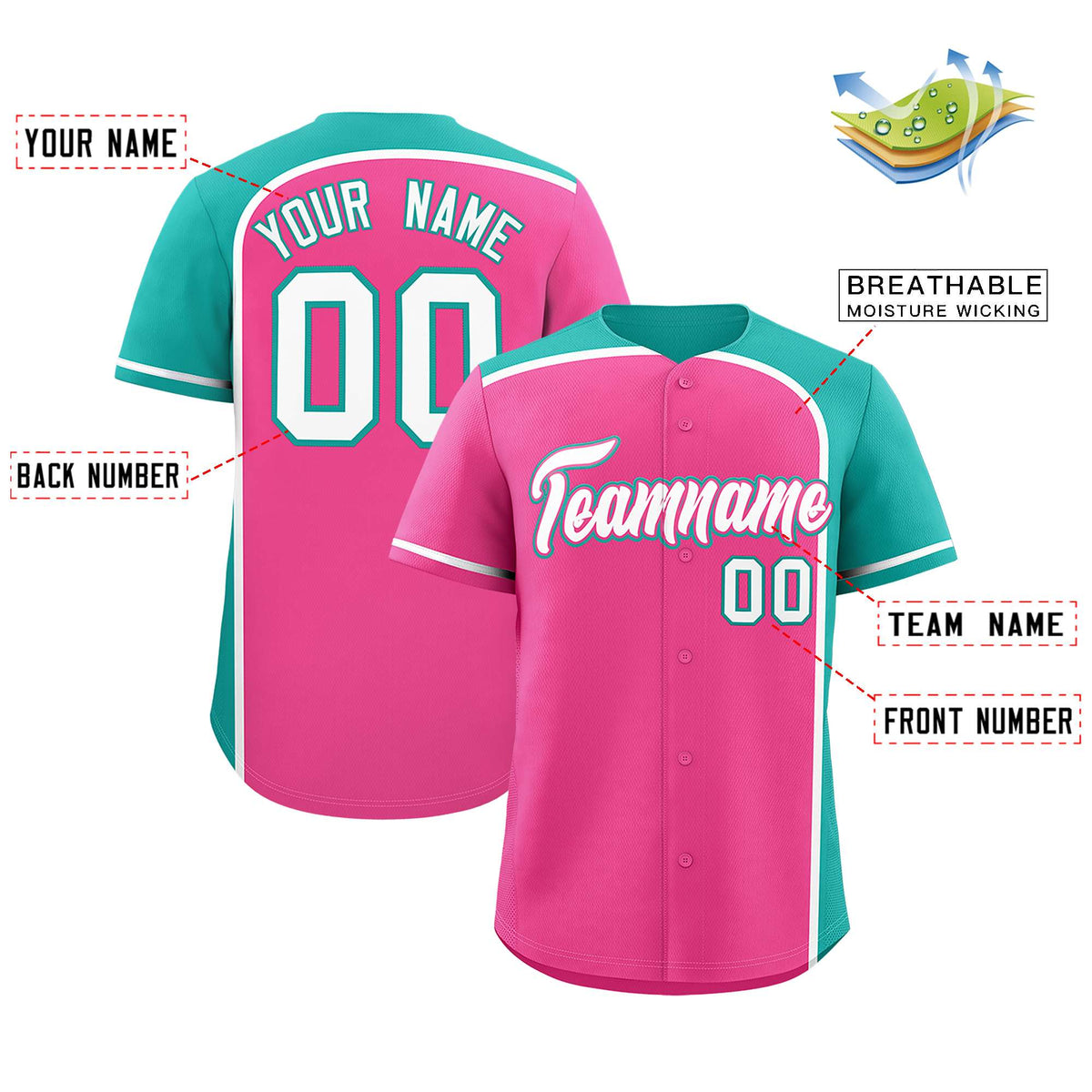 Custom Pink Aqua Personalized Color Block Authentic Baseball jersey