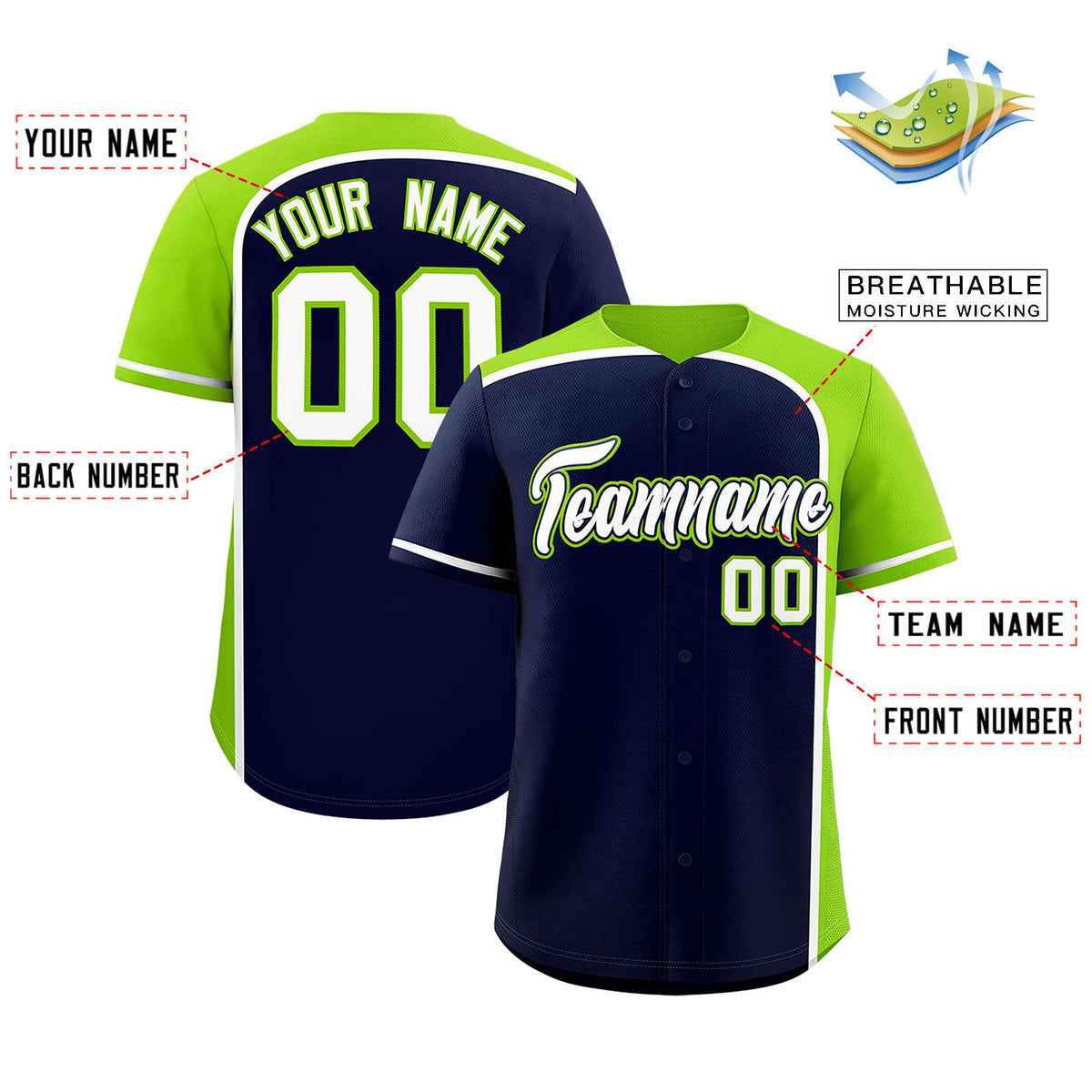 Custom Navy Neon Green Personalized Color Block Authentic Baseball jersey