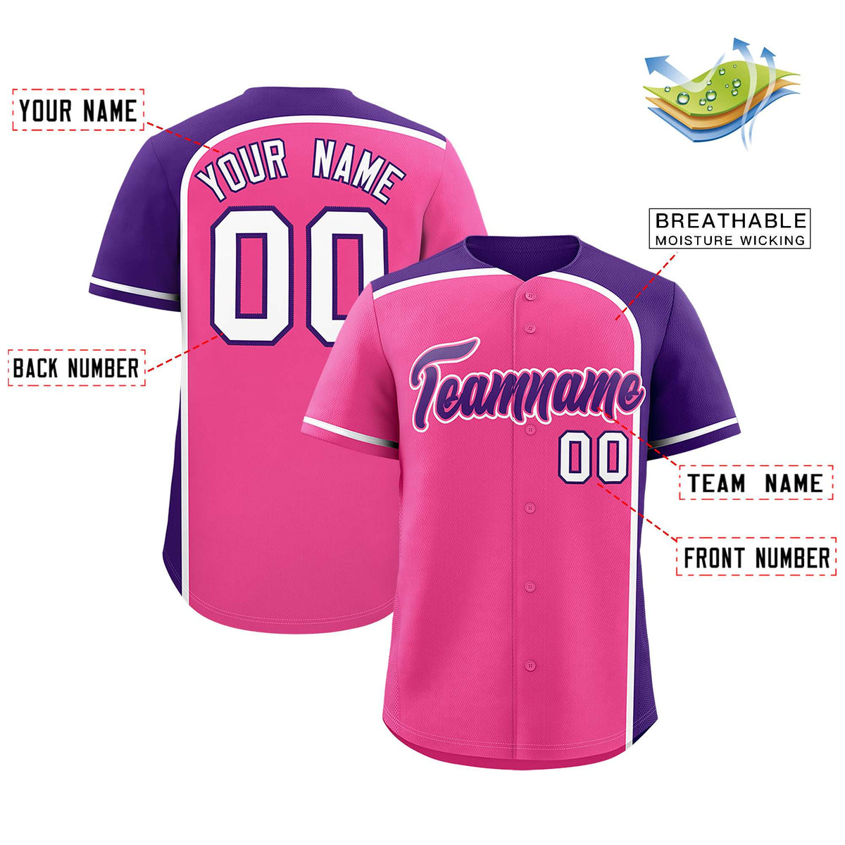 Custom Pink Purple Personalized Color Block Authentic Baseball jersey