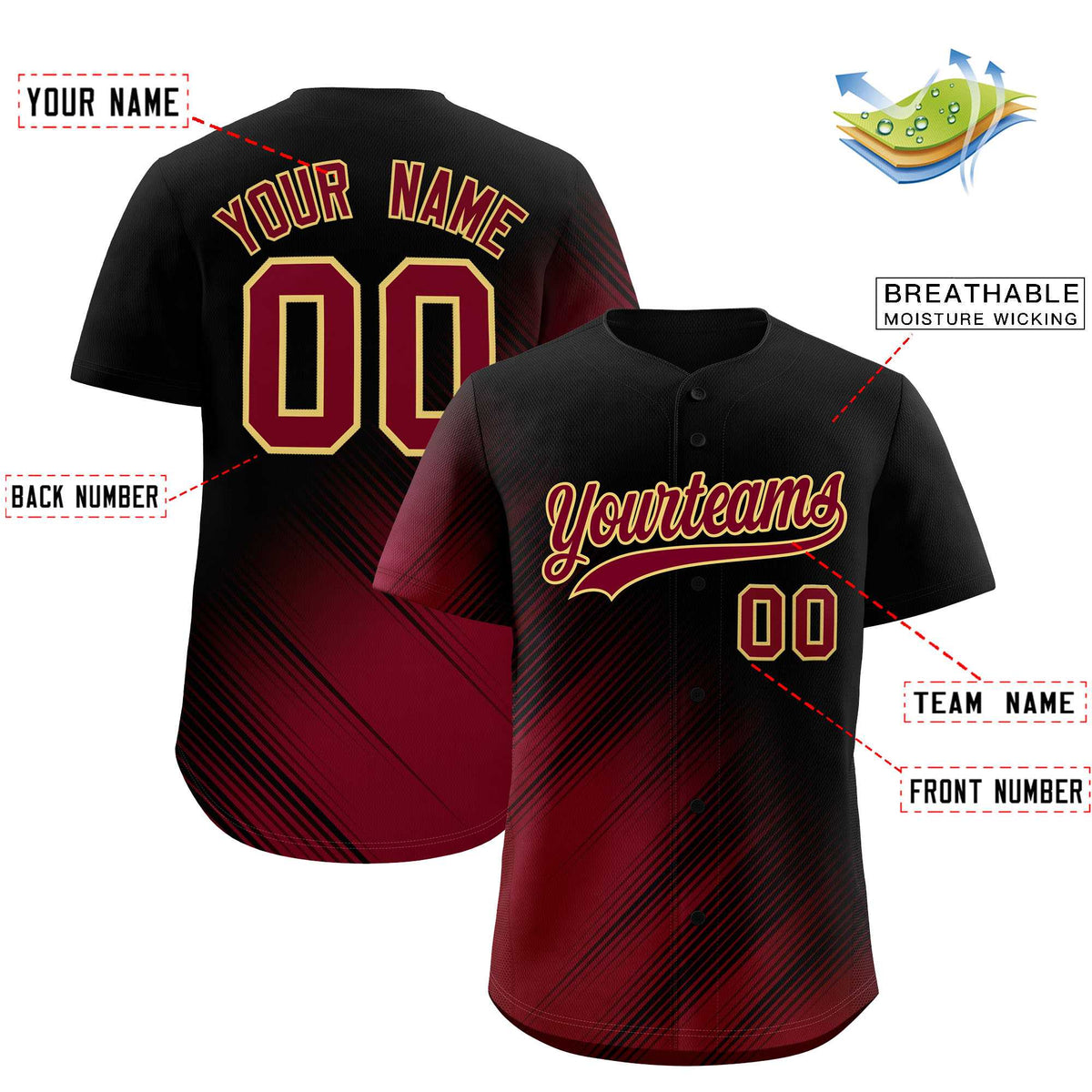 Custom Black Crimson Diagonal Stripe Personalized Gradient Fashion Baseball Jersey