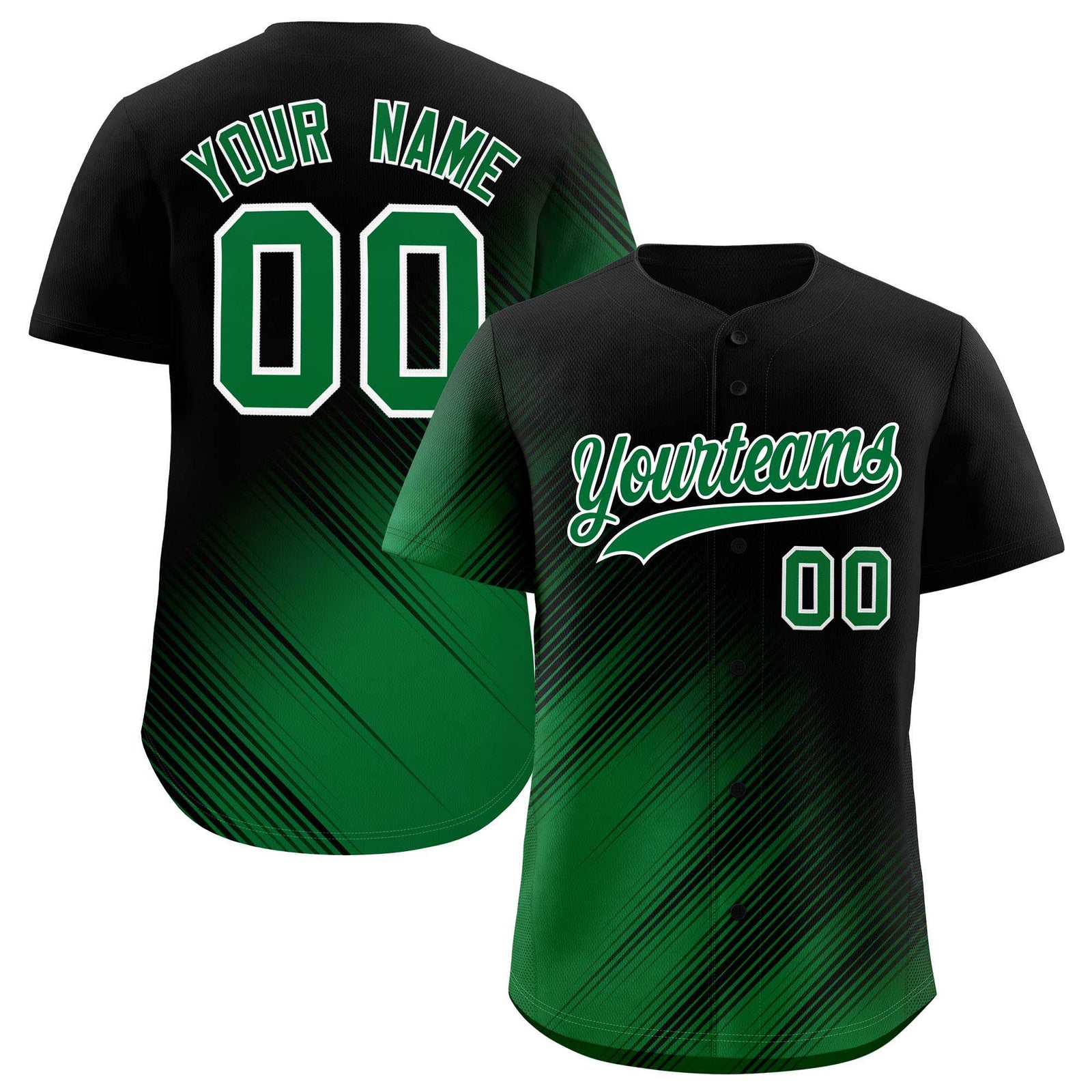 Custom Black Kelly Green Diagonal Stripe Personalized Gradient Fashion Baseball Jersey