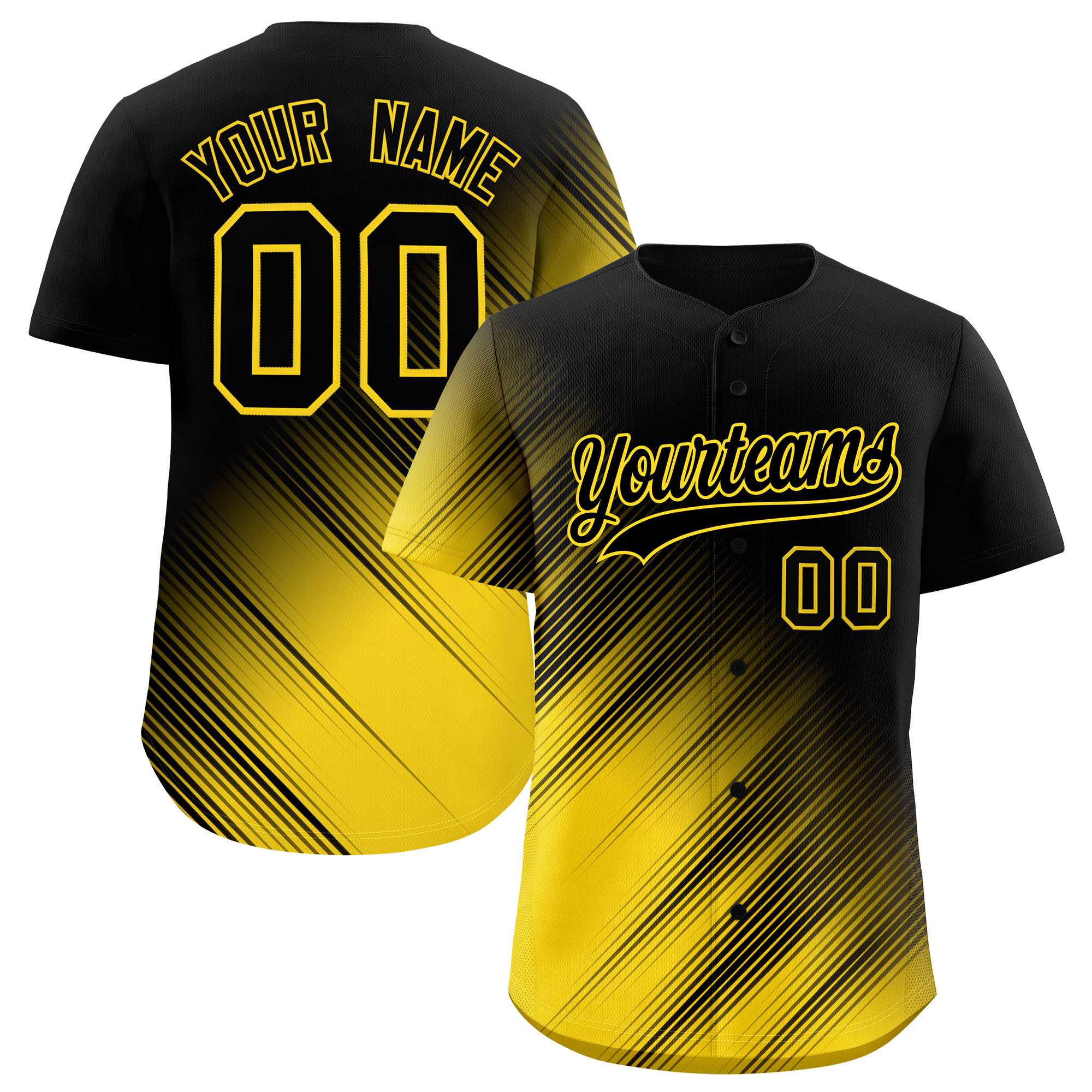 Custom Black Gold Diagonal Stripe Personalized Gradient Fashion Baseball Jersey