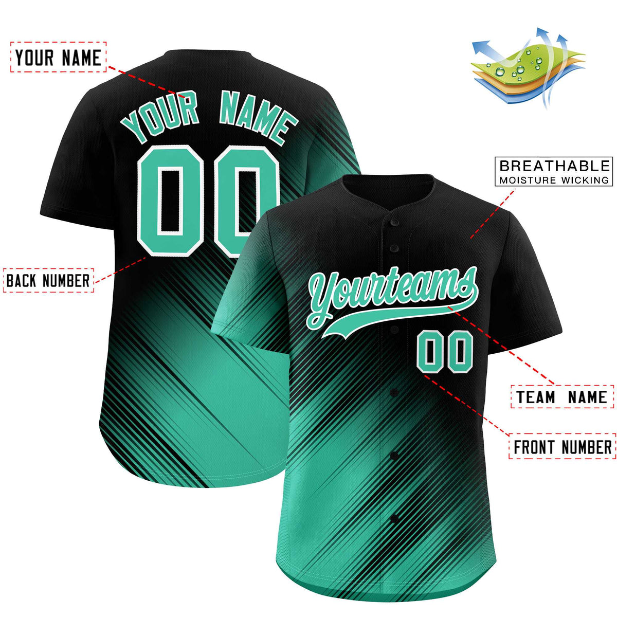 Custom Black Bright Green Diagonal Stripe Personalized Gradient Fashion Baseball Jersey