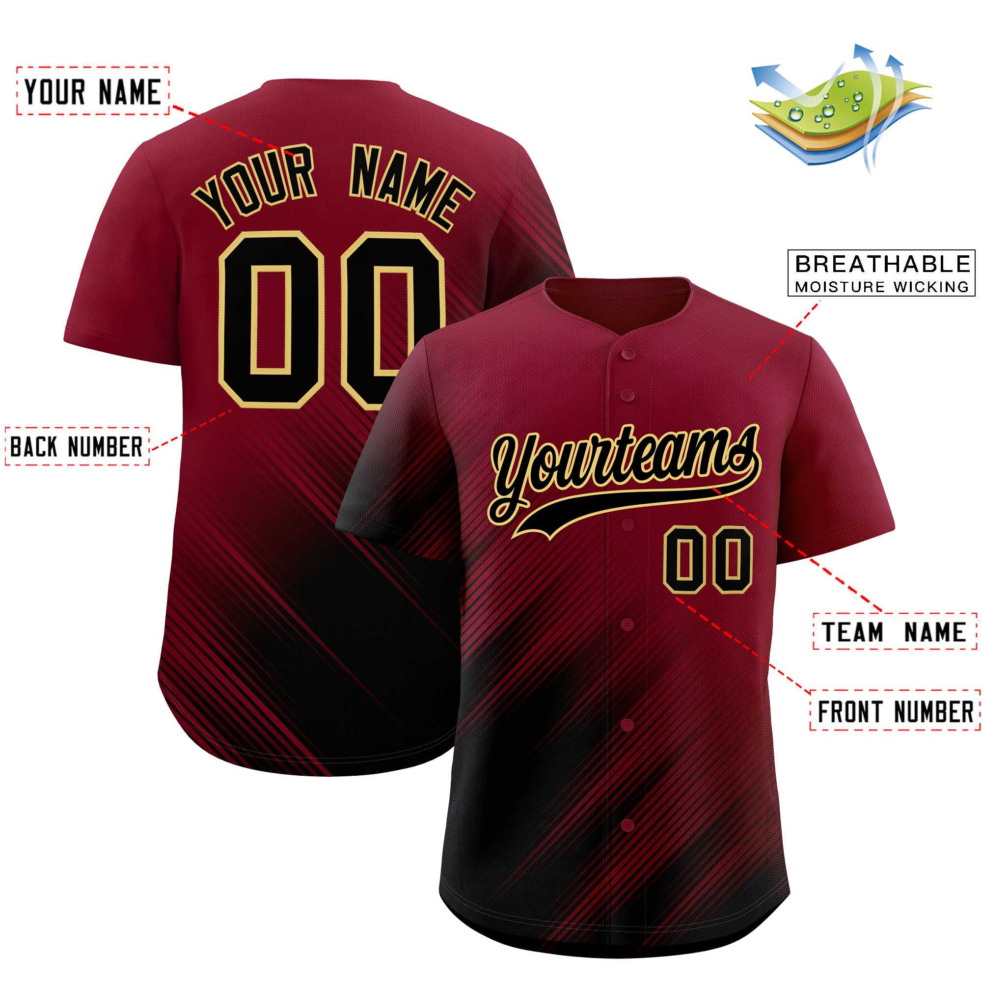 Custom Crimson Black Diagonal Stripe Personalized Gradient Fashion Baseball Jersey