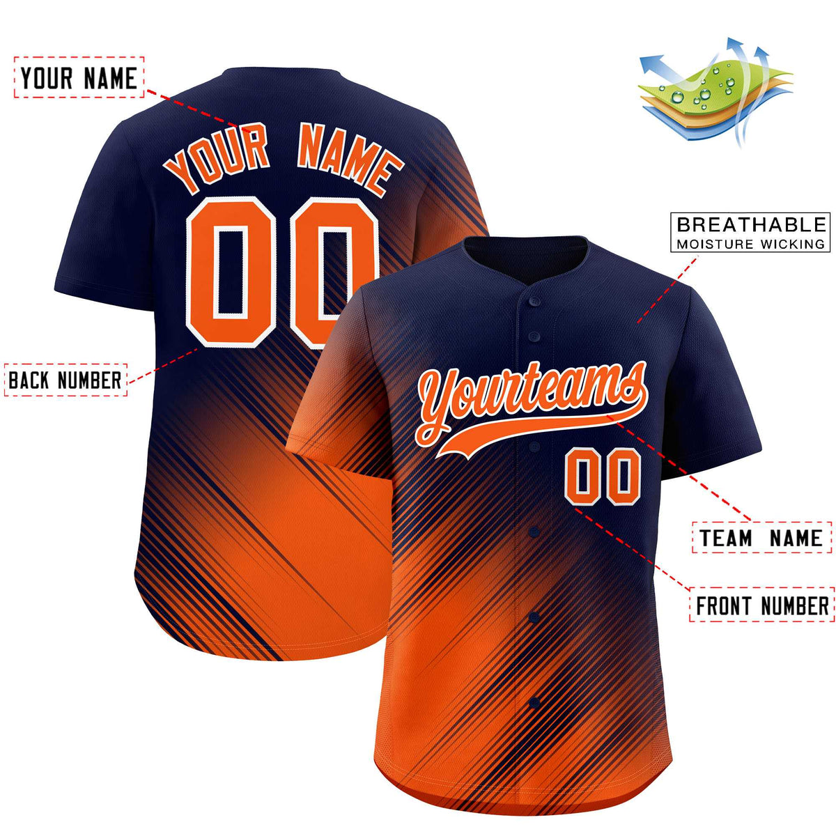 Custom Navy Orange Diagonal Stripe Personalized Gradient Fashion Baseball Jersey